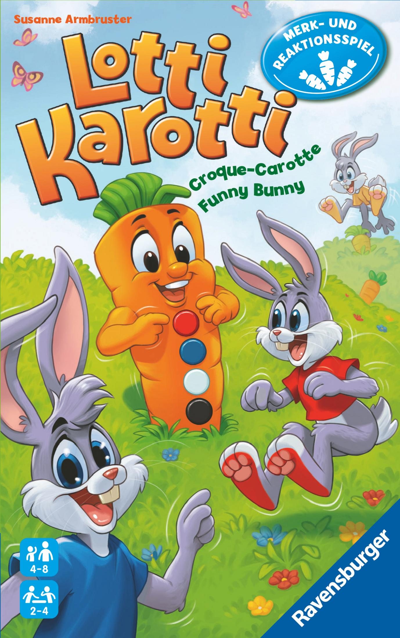Lotti Karotti Brettspielbox. Cartoon Karotte und Kaninchen Design.