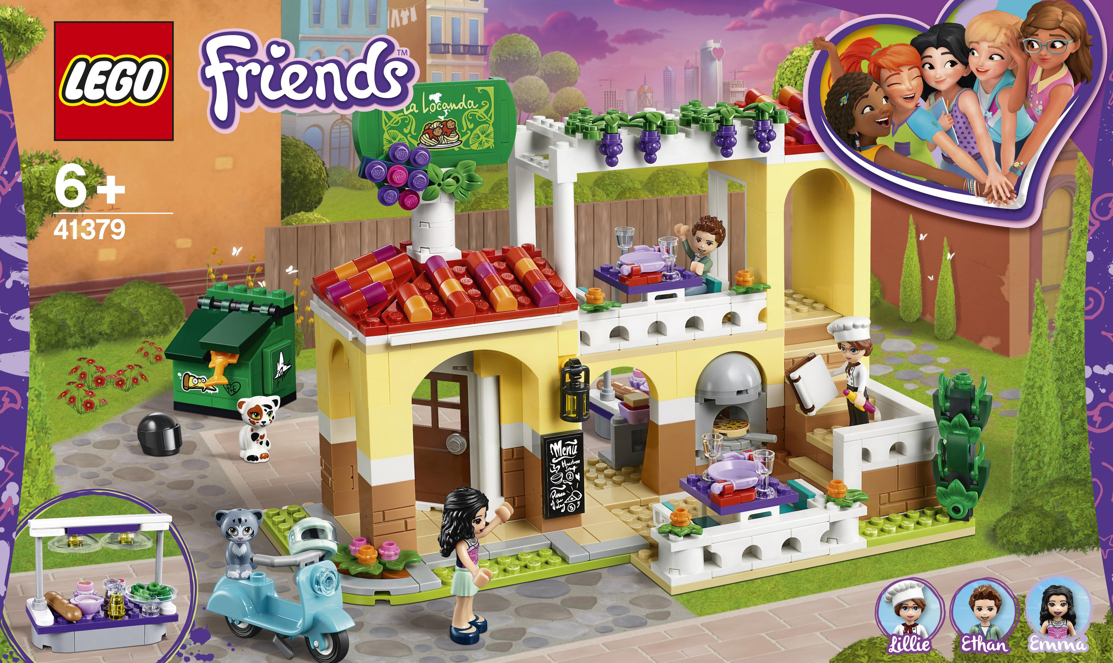 Zestaw LEGO Friends przedstawiający restaurację z figurkami i skuterem.
