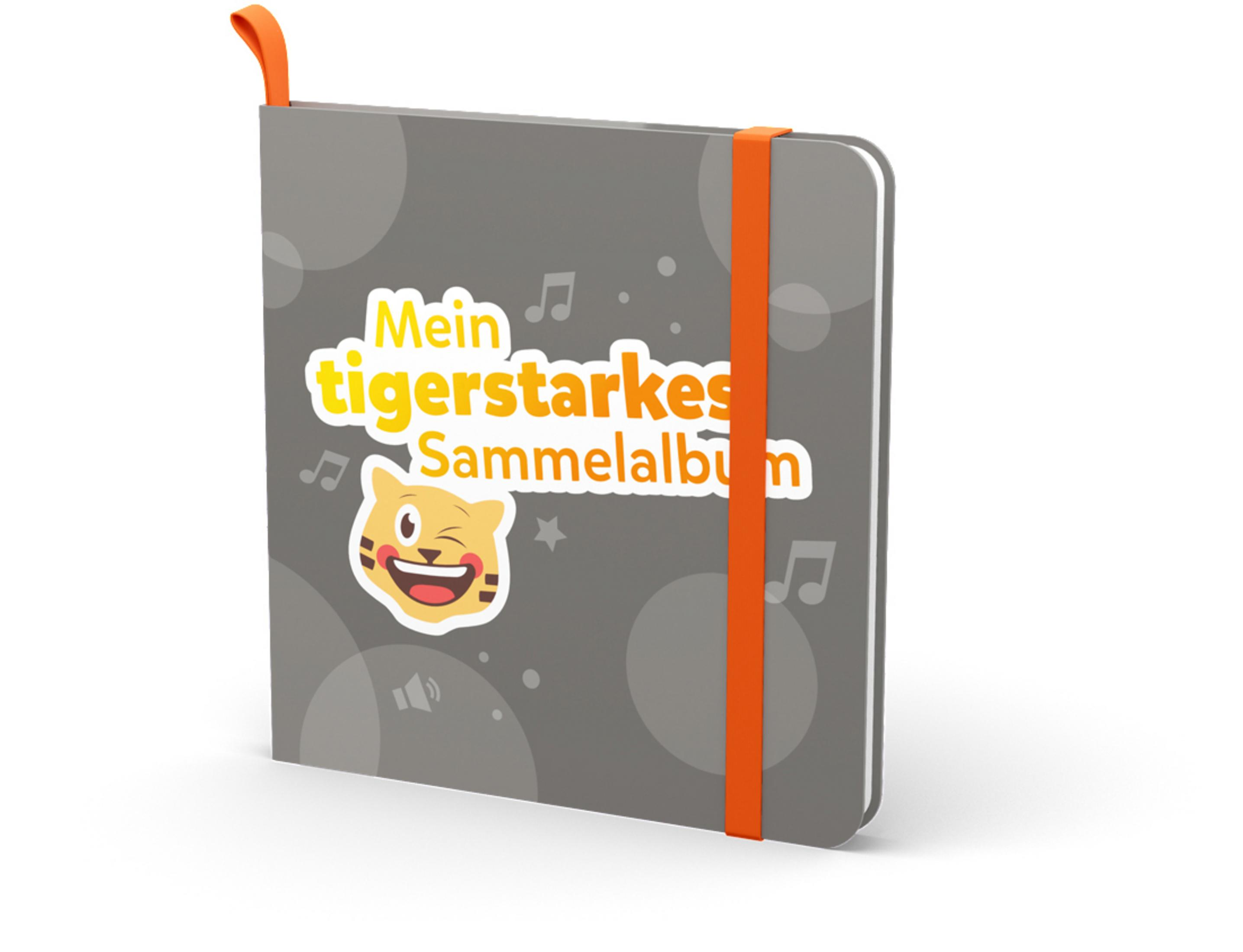Graues Album mit Tigeraufkleber und orangefarbenem Band.