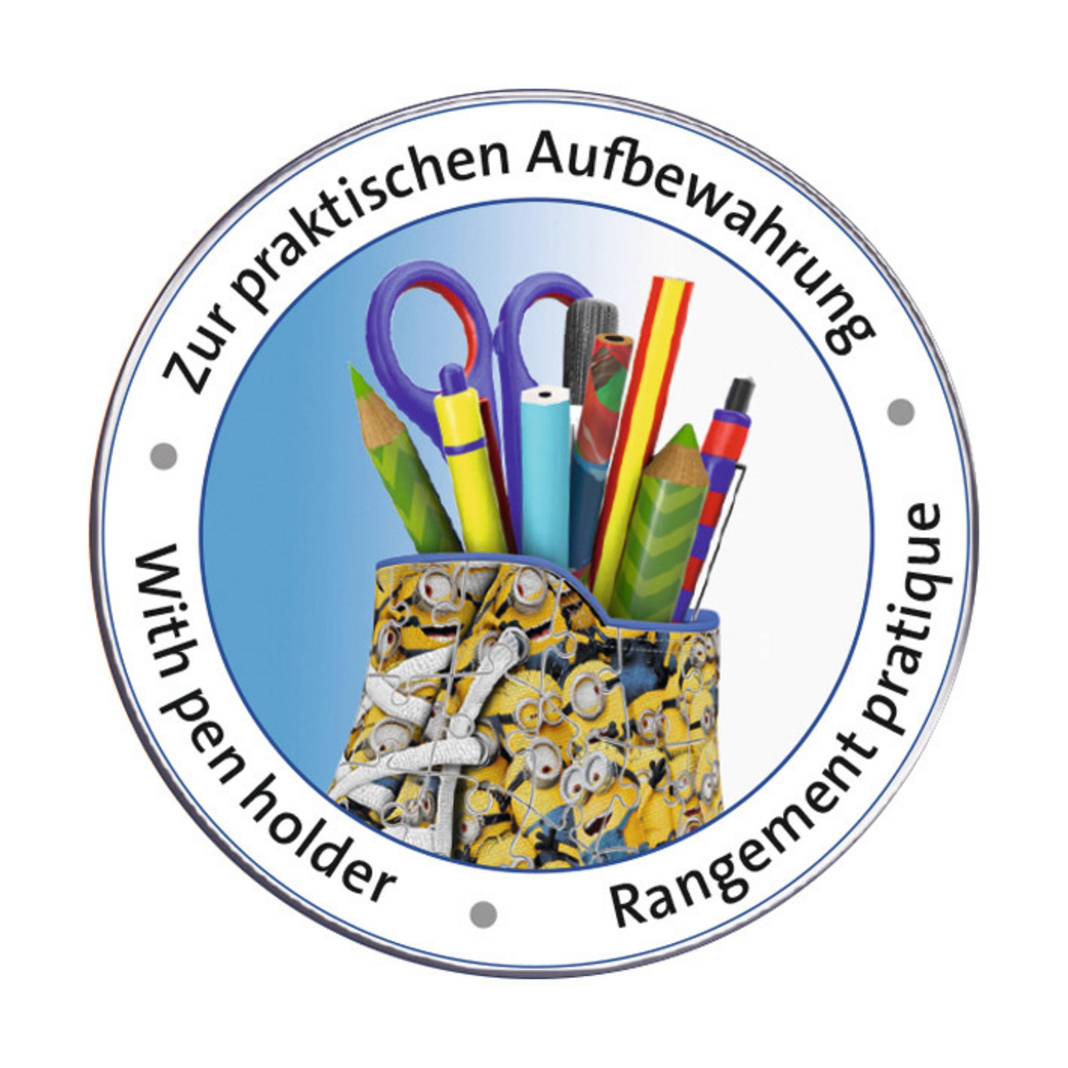 Okrągły obrazek przedstawia pojemnik na długopisy z długopisami, ołówkami i nożyczkami.