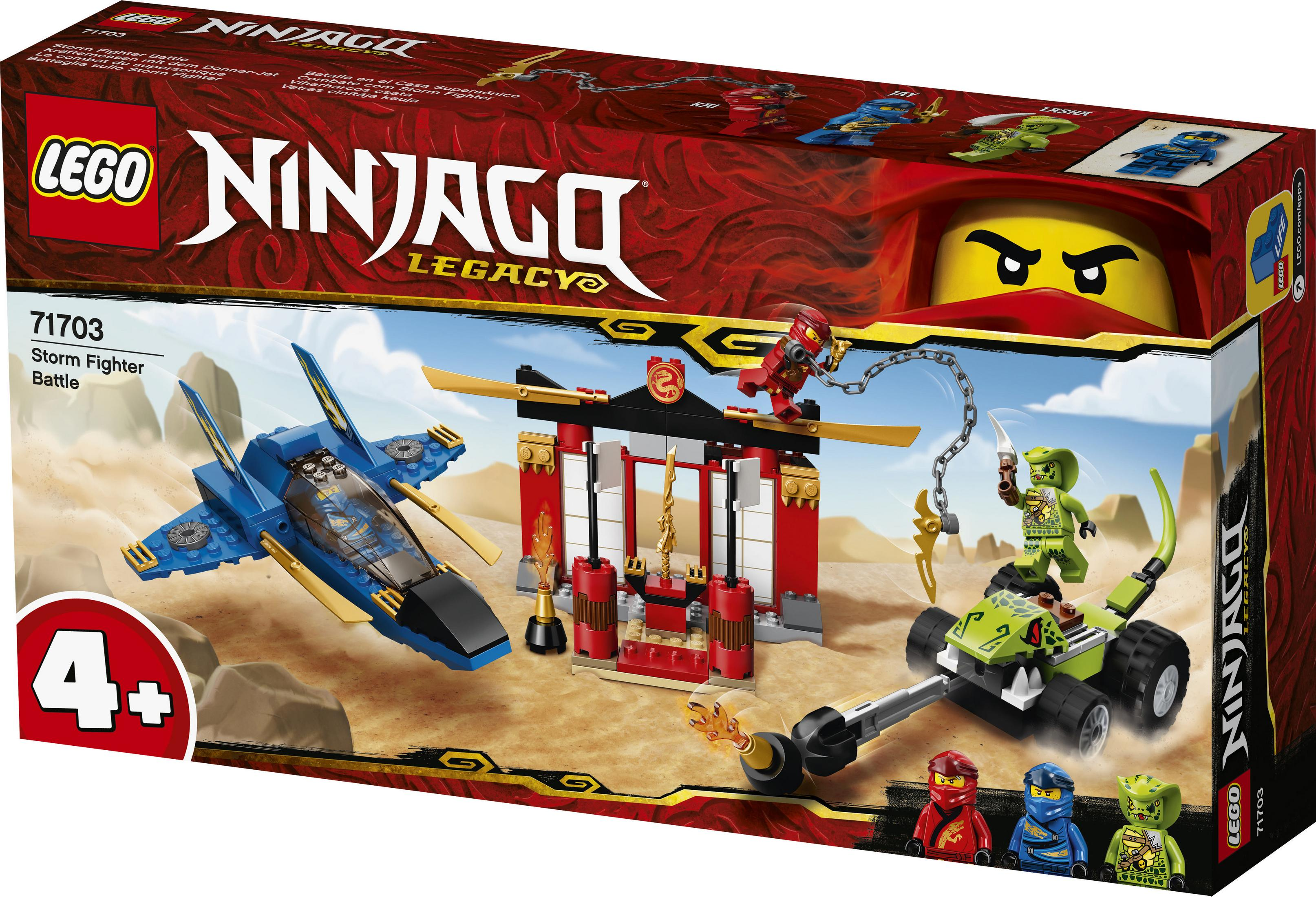 Lego Ninjago-Box-Set mit einem blauen Jet, einem roten Tempel und Ninja-Figuren.