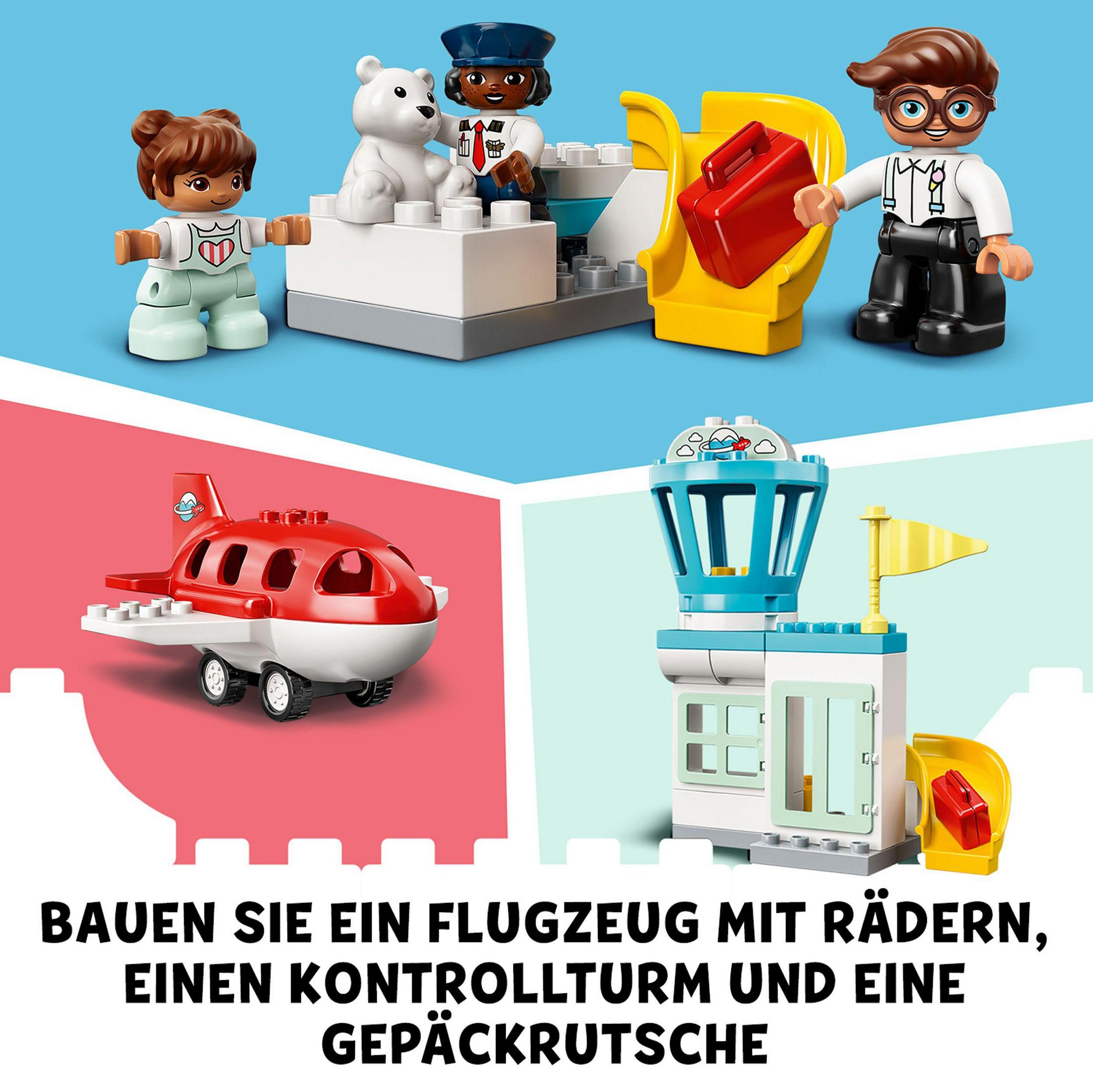 Duplo Flugzeug Spielzeugset. Enthält Flugzeug, Kontrollturm, Rutsche und Figuren. Rot, blau, gelb.