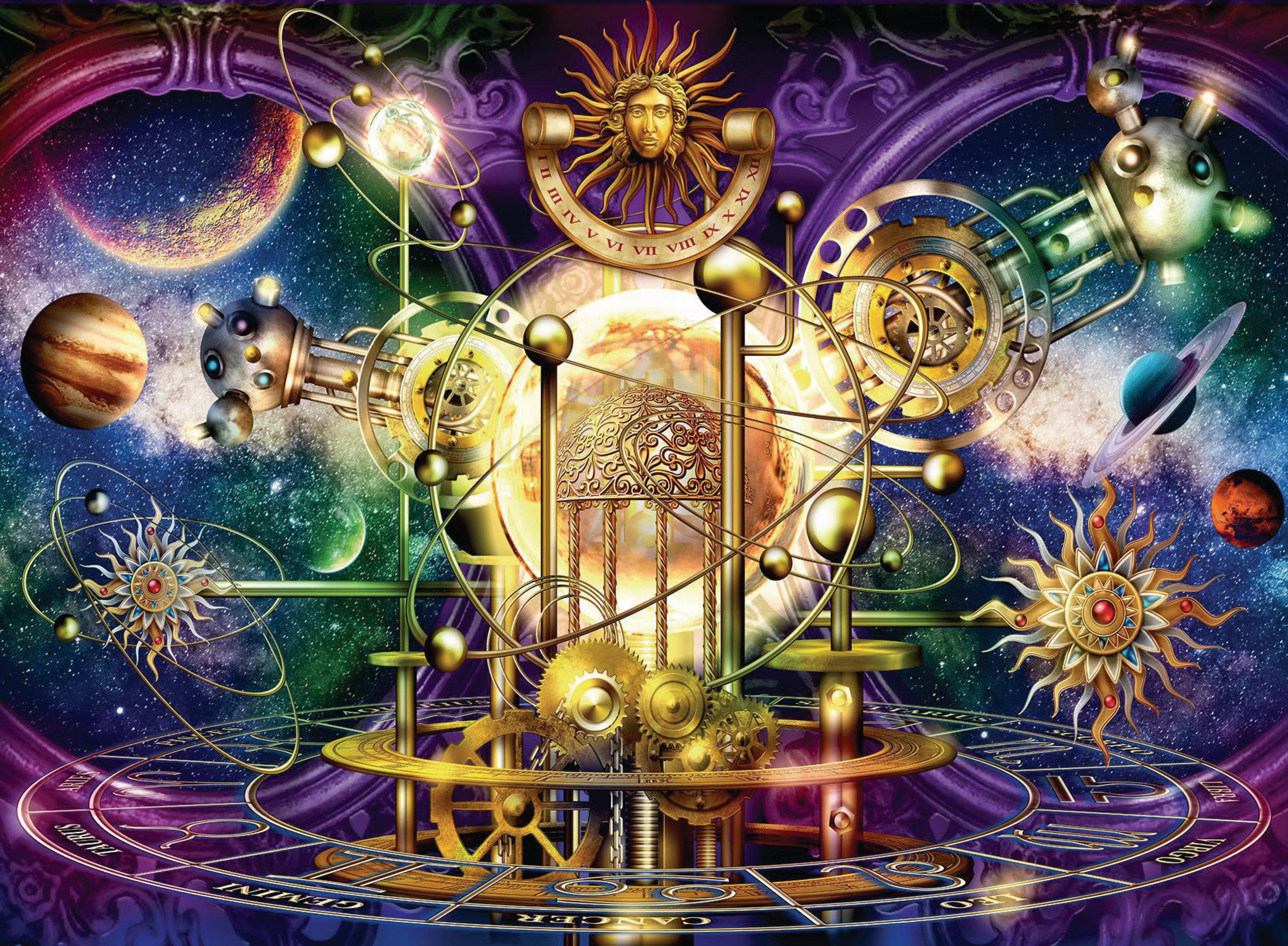 Kolorowy obrazek z puzzli niebiańskiego mechanizmu zegarowego z planetami, słońcem i kołami zębatymi.