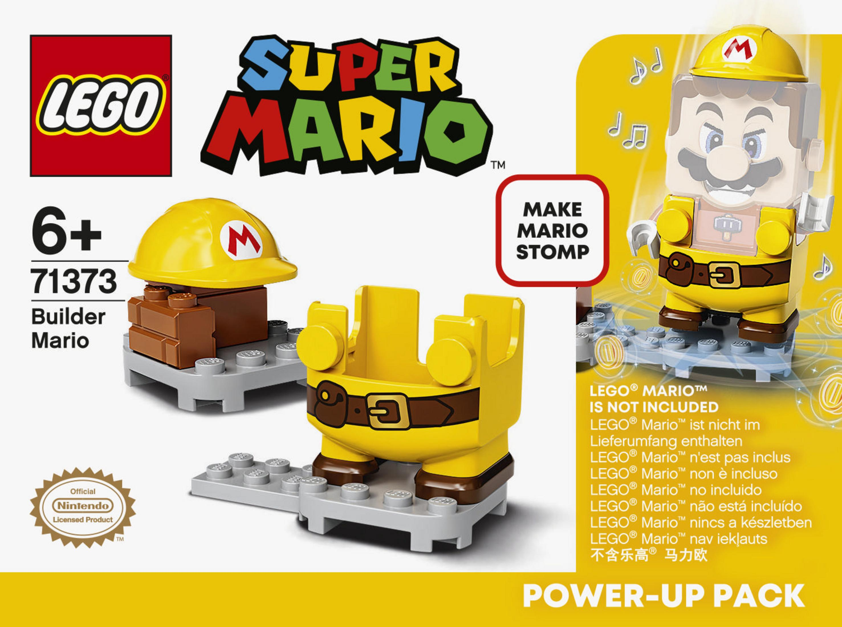 Set Lego Super Mario con Mario Costruttore. Include elmetto giallo e mattoncini marroni.