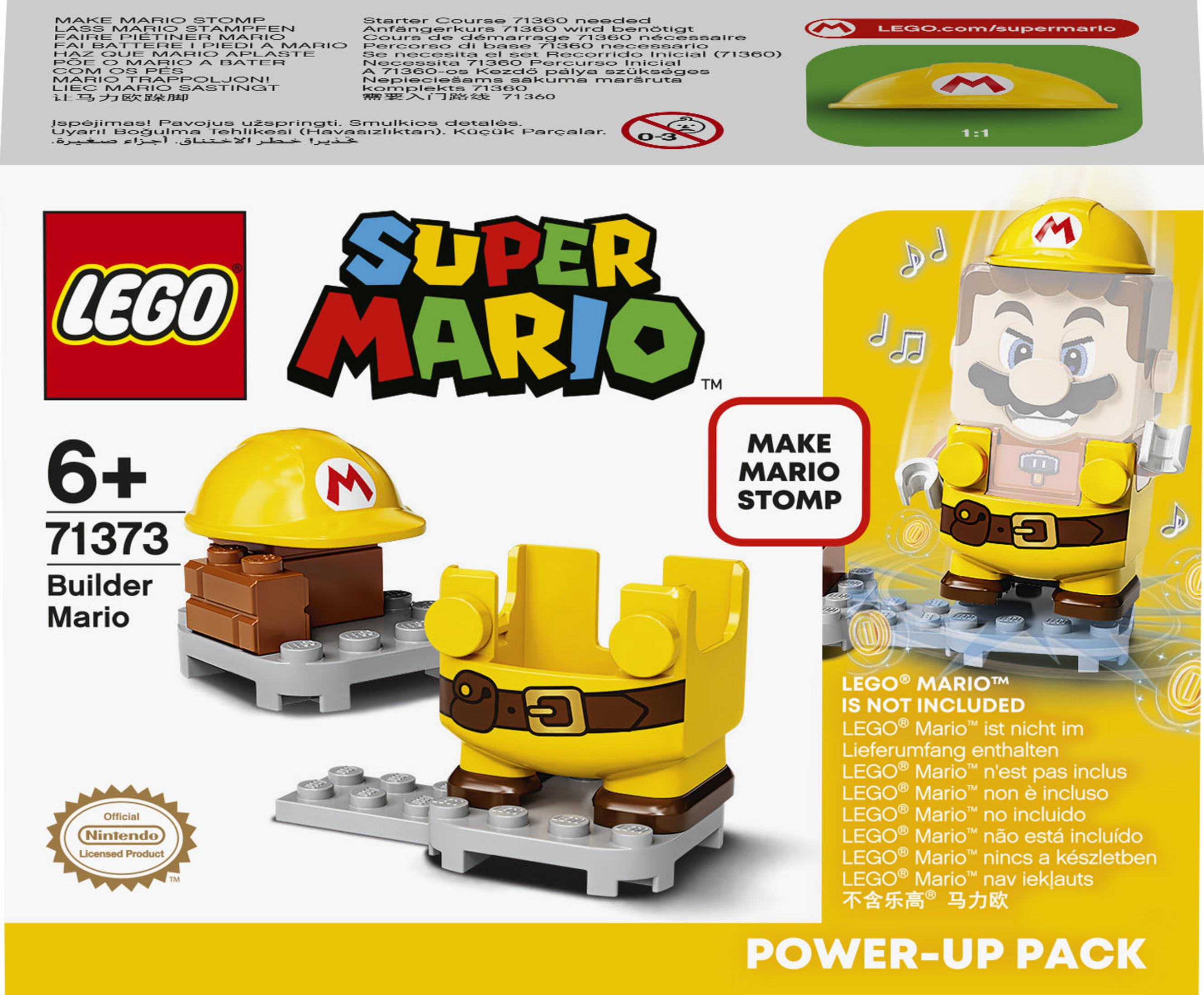 Set LEGO Super Mario con personaggio Builder Mario, cappello giallo, mattoni marroni e blocchi gialli.
