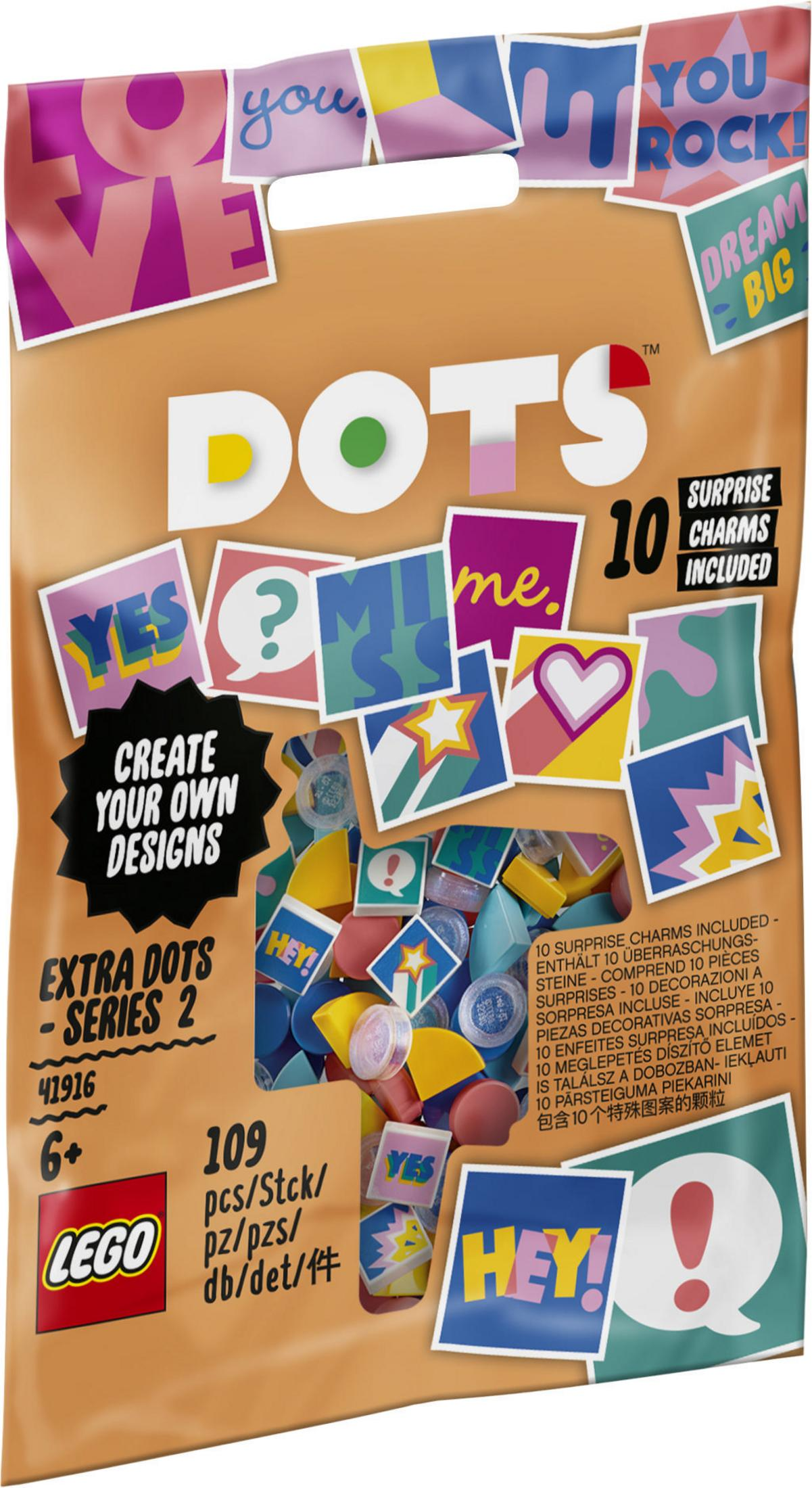 Lego Dots-Verpackung mit dem Text „Create Your Own Designs“ und verschiedenen bunten Mosaikfliesen.