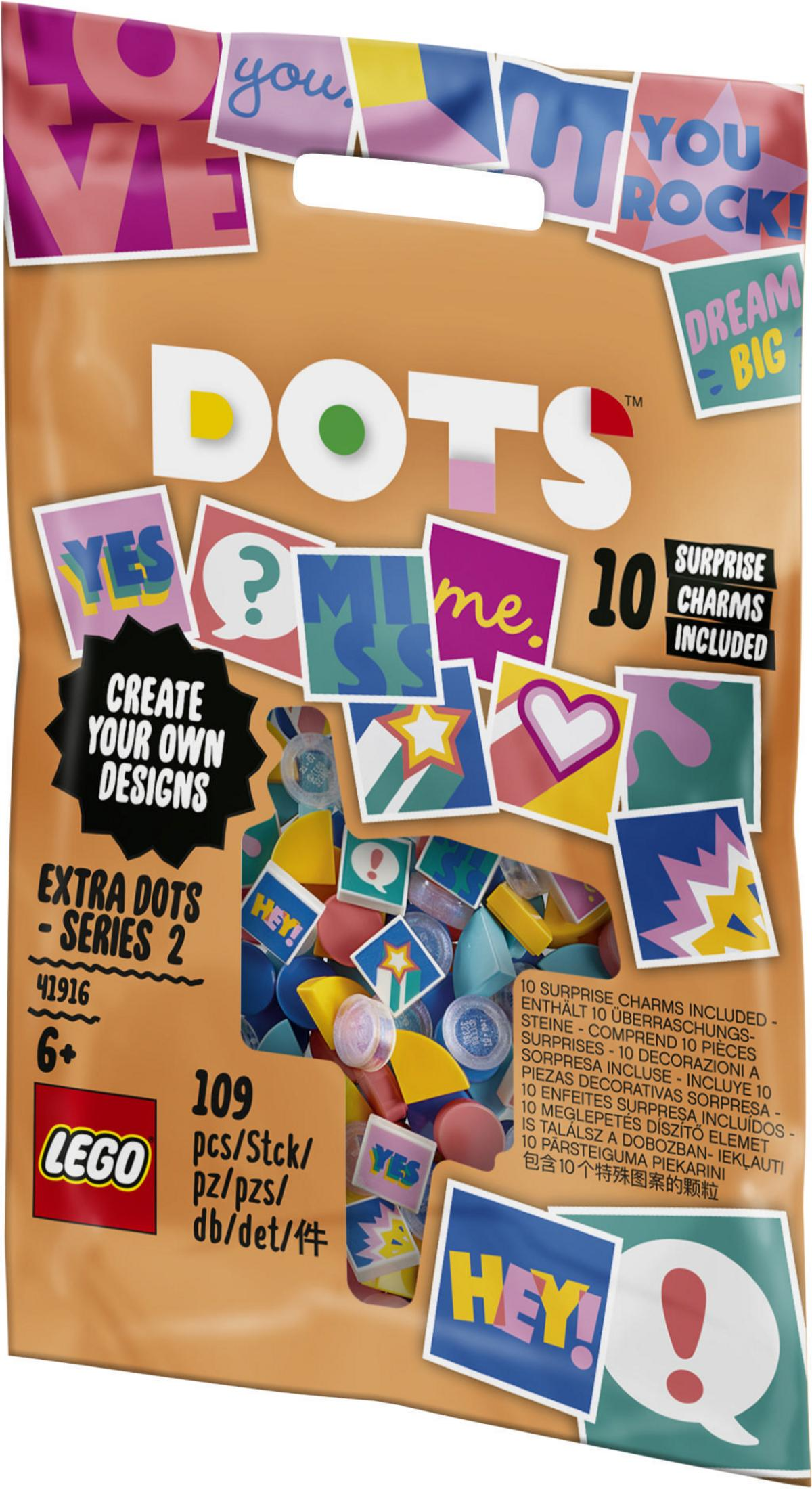 Lego Dots Tasche mit bunten quadratischen Kacheln. Auf der Tasche steht: "Create your own designs".