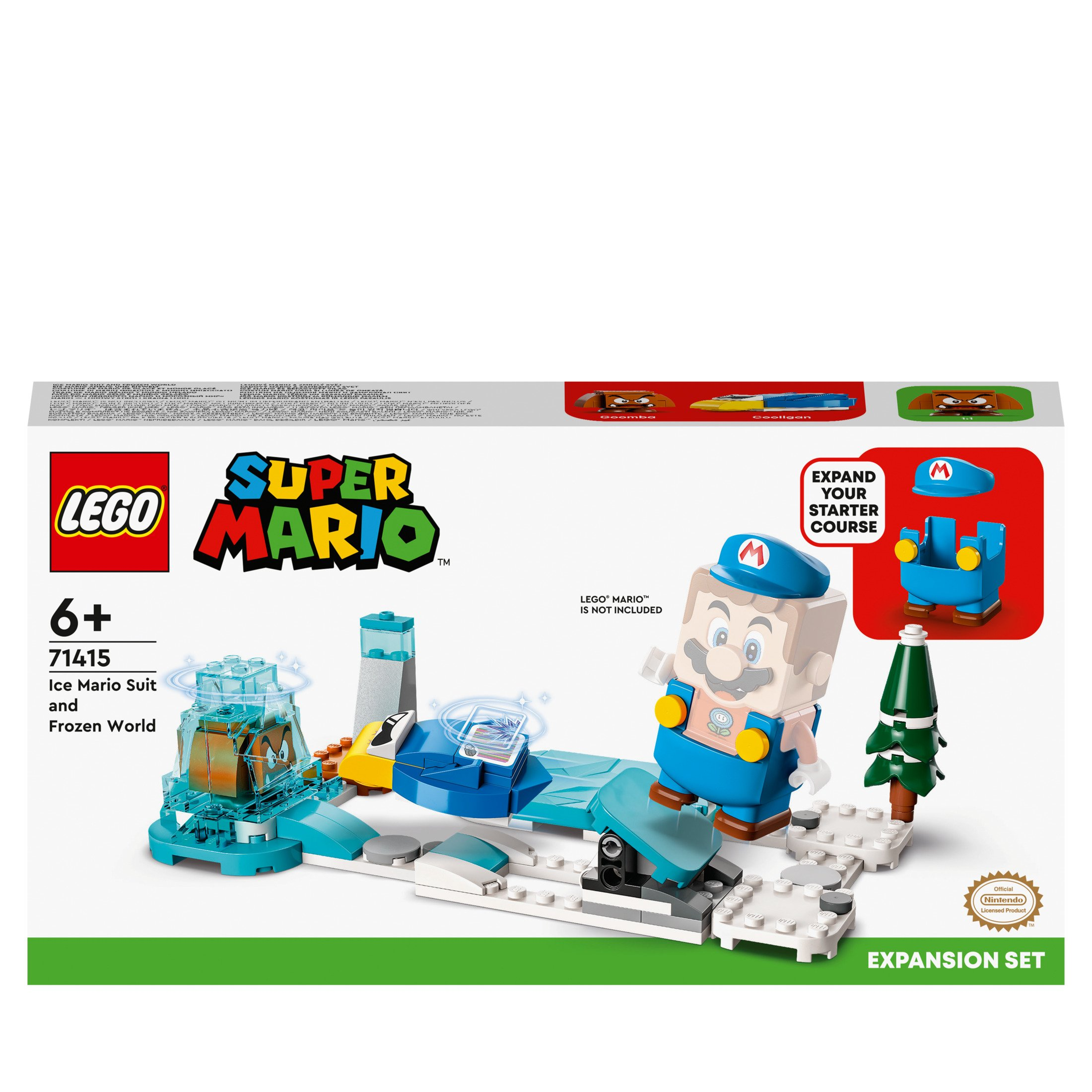 Lego Super Mario Set: Eis-Mario-Anzug und Frozen World-Erweiterung. Enthält Mario-Figur, Eisblöcke und einen Baum.