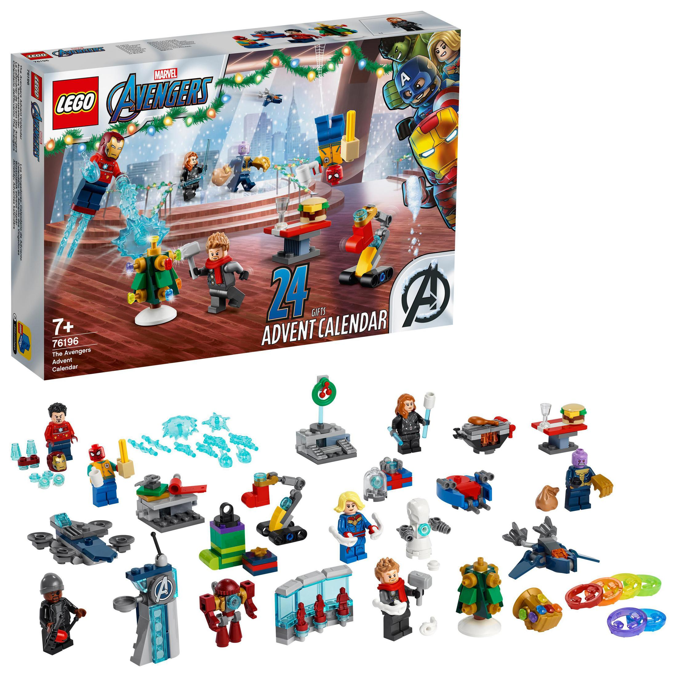Zestaw kalendarza adwentowego Lego Avengers. Wyświetlane są różne figurki i akcesoria Lego.