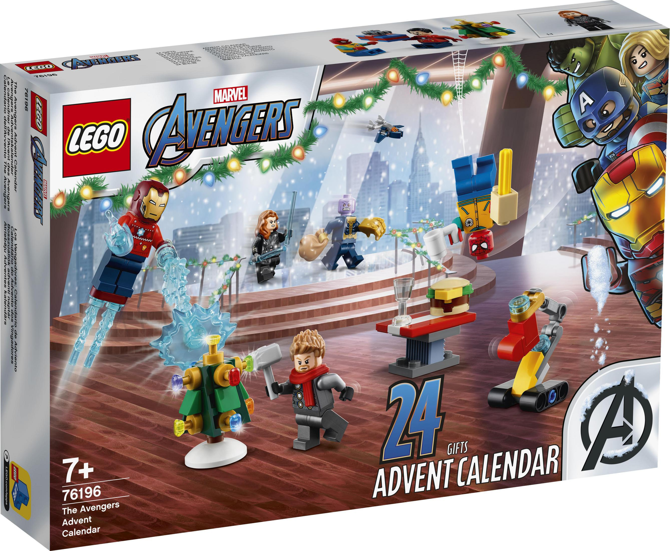 Kalendarz adwentowy LEGO Marvel Avengers z minifigurkami i świątecznymi dekoracjami.