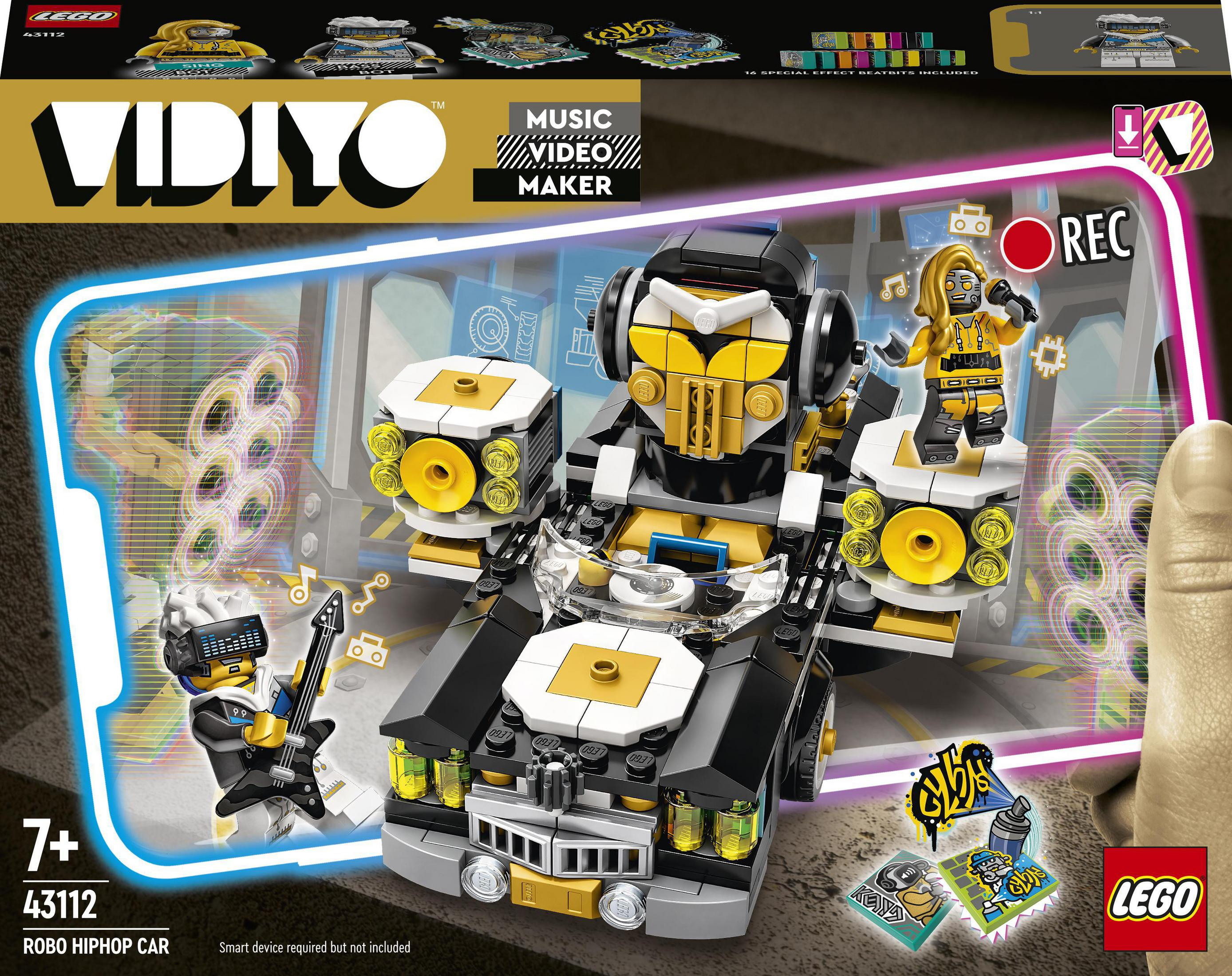 Pudełko Lego Vidiyo Robo HipHop Car: zabawkowy samochód i minifigurki na kolorowej scenie.