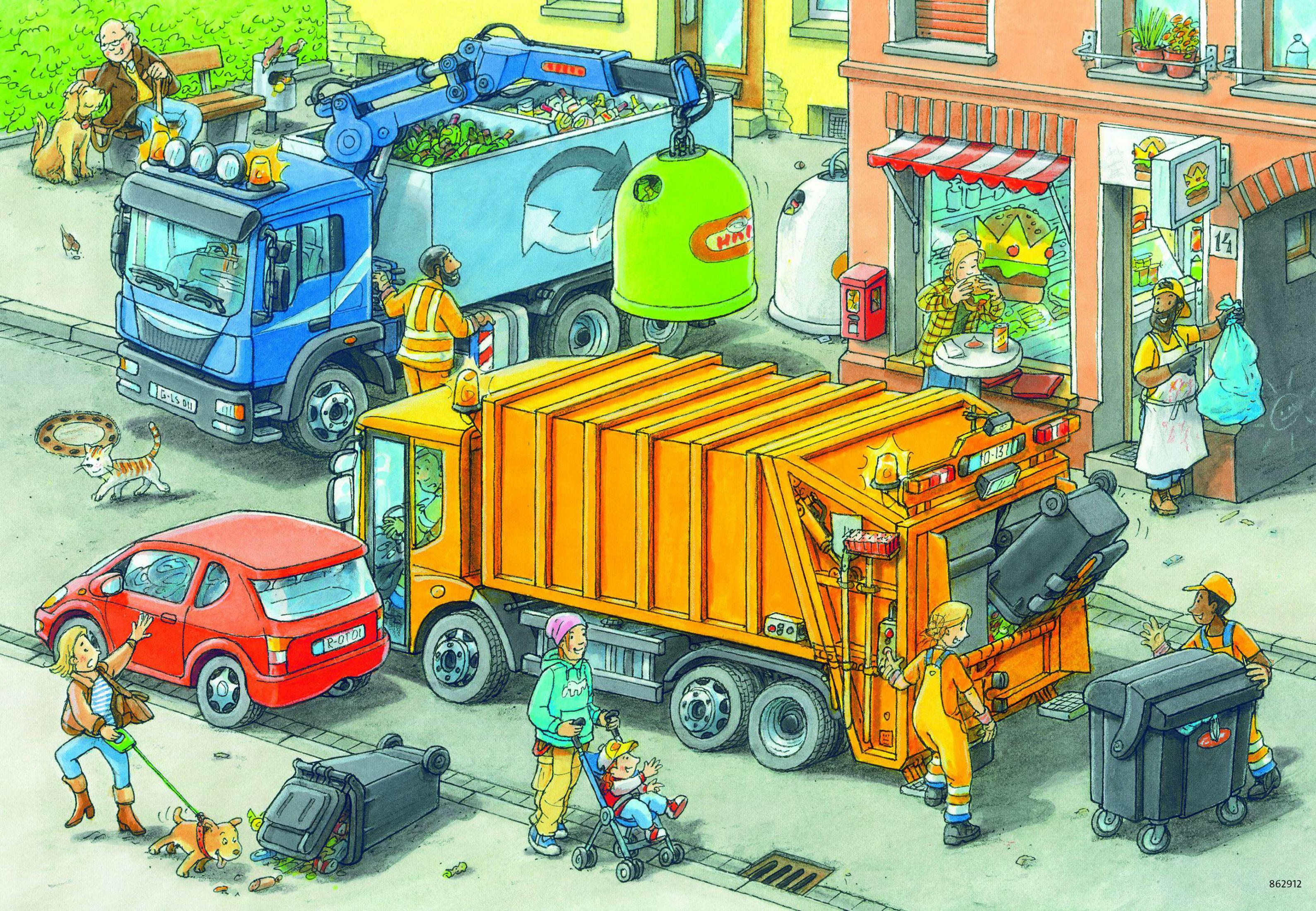 Ein Cartoon-Bild einer Straße. Menschen bringen Müll raus, im Hintergrund ein Müllwagen.