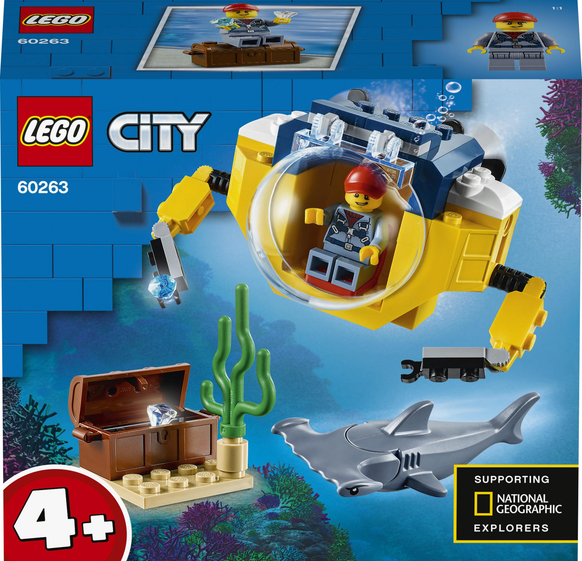 LEGO City U-Boot-Set. Beinhaltet ein gelbes U-Boot, Hai, Schatztruhe und Taucherfigur.