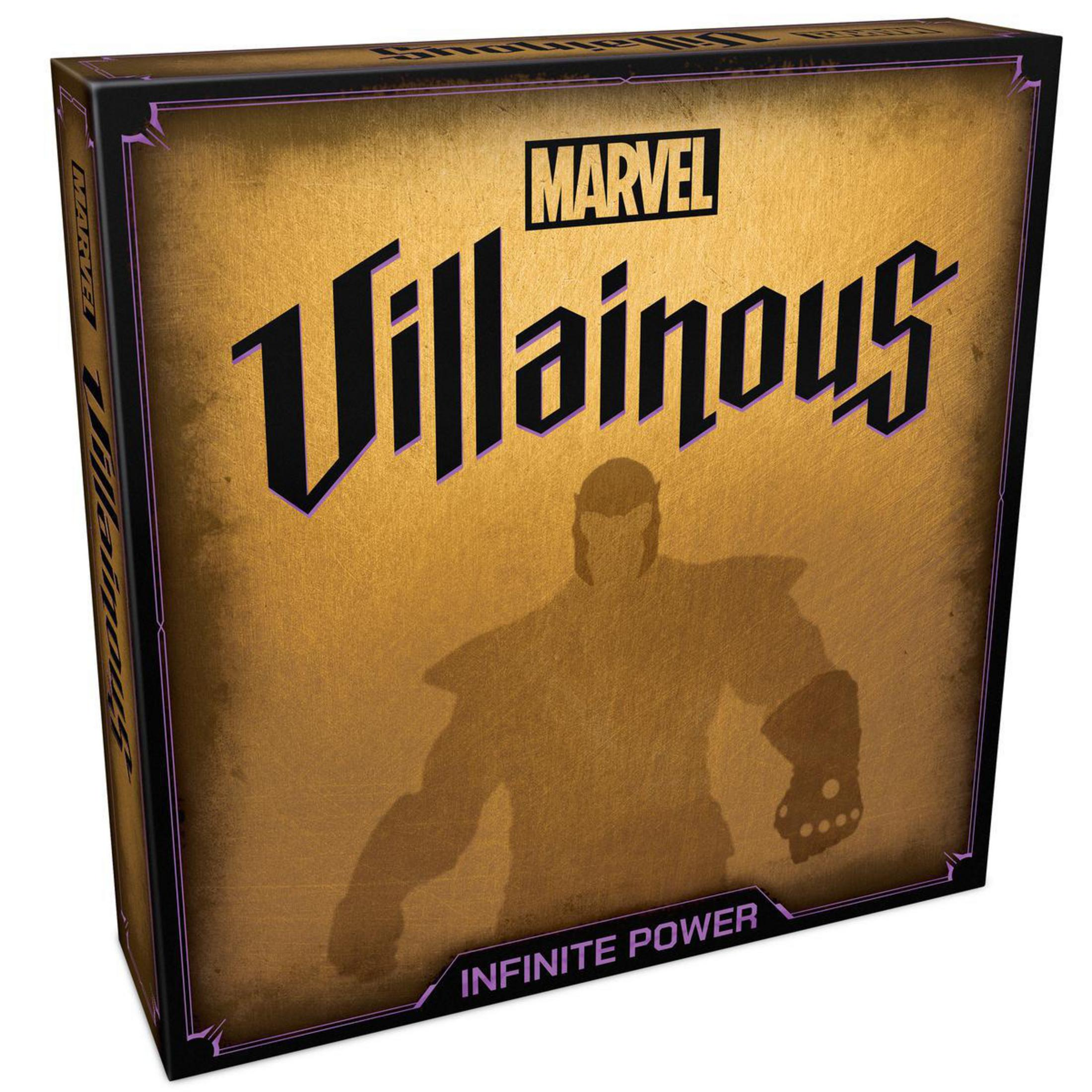 Eine Marvel Villainous Spielbox. Die Box ist braun mit schwarzem Rahmen.
