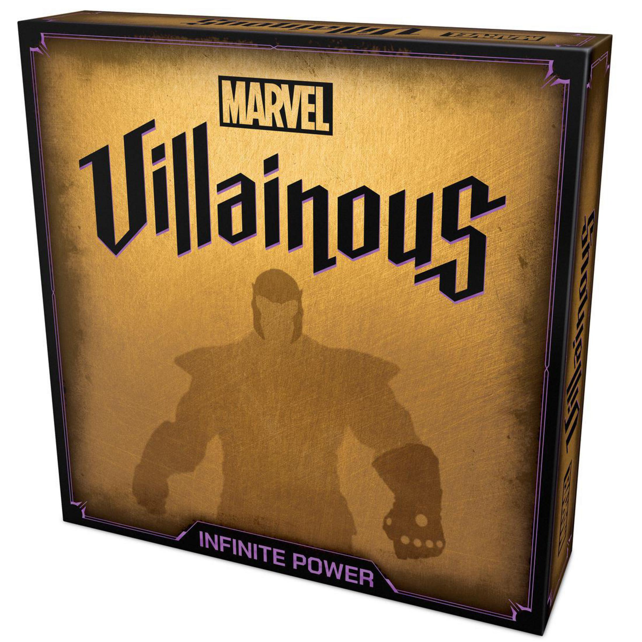 Schachtel des Marvel Villainous Brettspiels. Die Schachtel ist goldfarben mit Thanos' Silhouette.