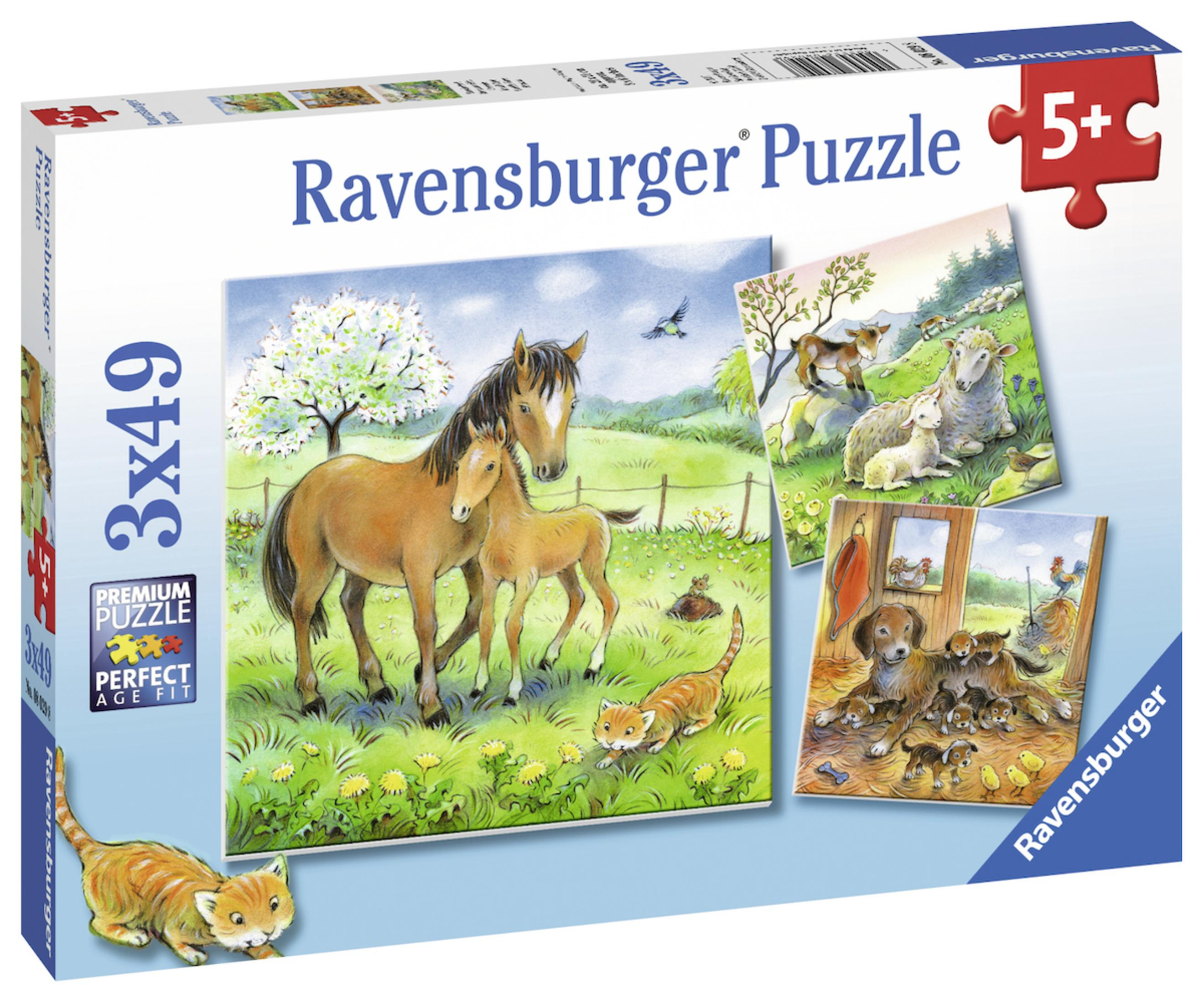 Scatola puzzle Ravensburger 3x49 pezzi con tre scene di animali della fattoria.