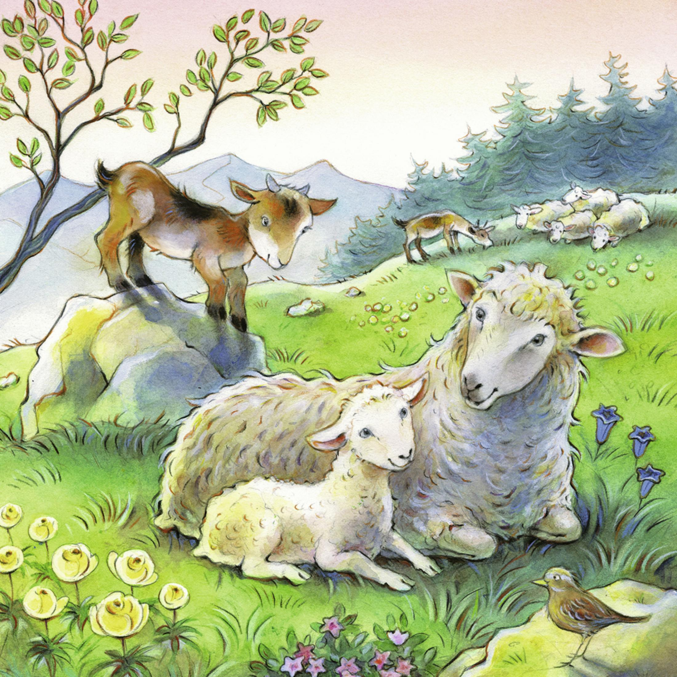 Illustrazione di pecore, capre e altri animali in un campo verde con alberi.