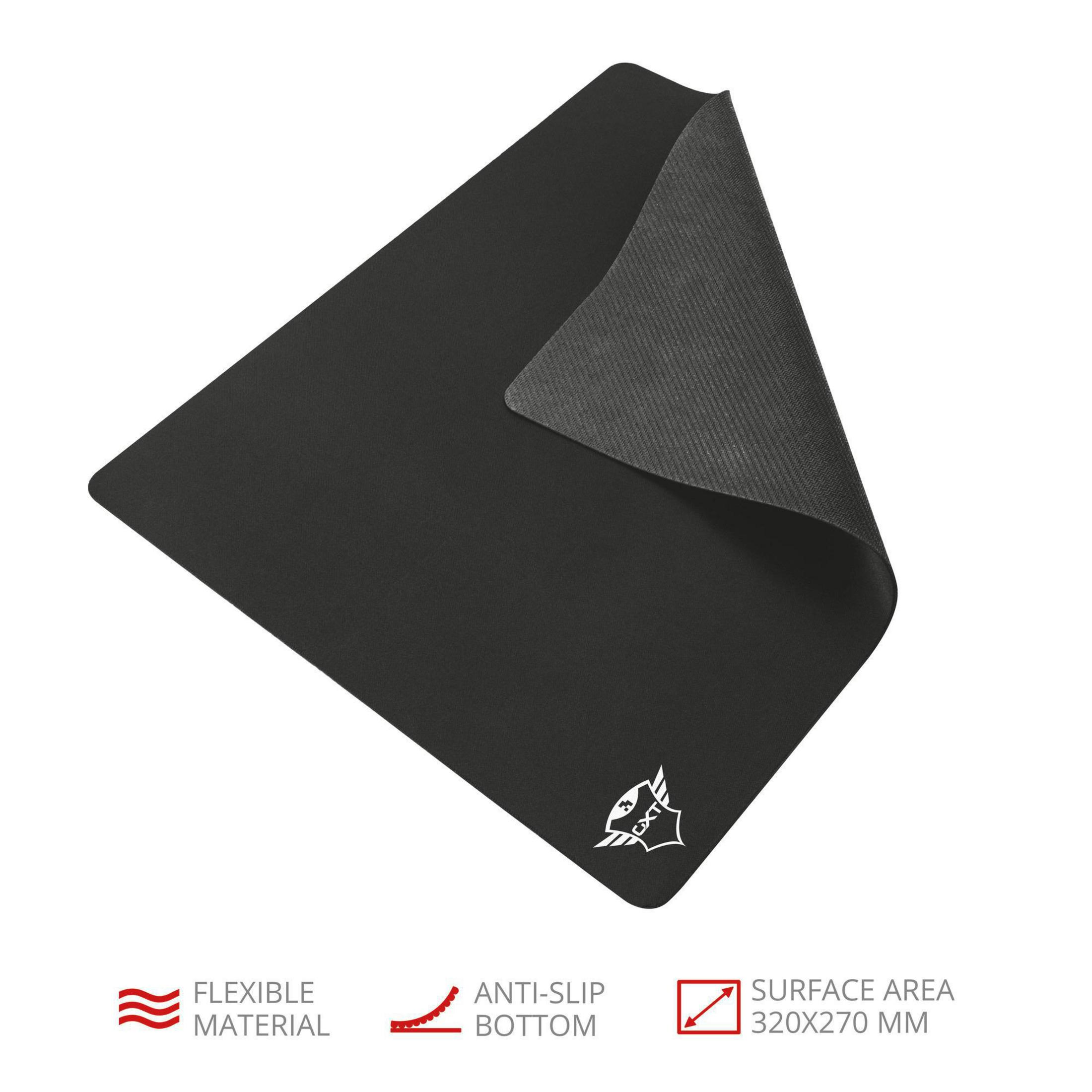 Zwart muismat met wit logo en tekst, met beschrijving van flexibel materiaal.