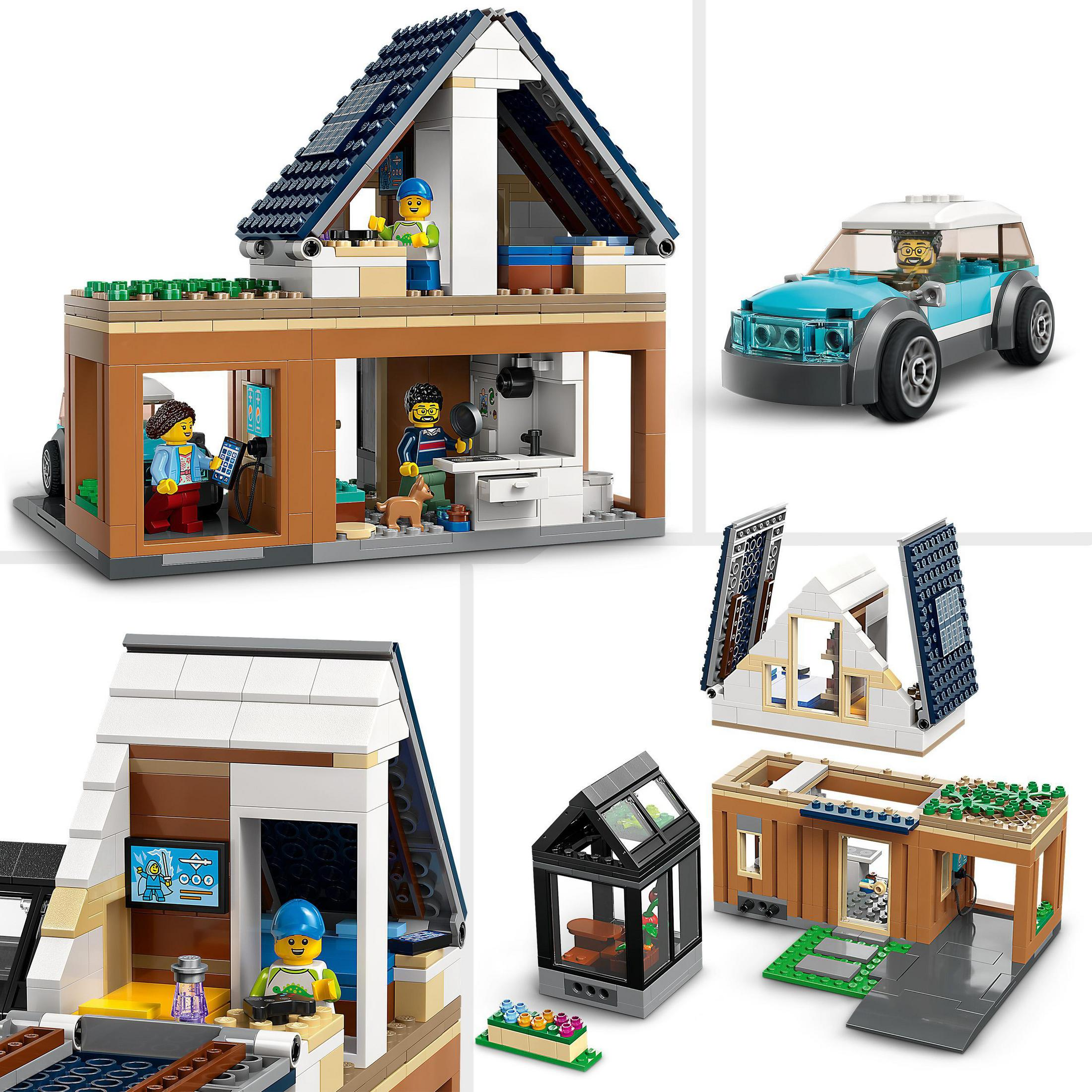 Mehrere Lego-Modelle von Häusern und einem Auto, mit Figuren darin, vor weißem Hintergrund.