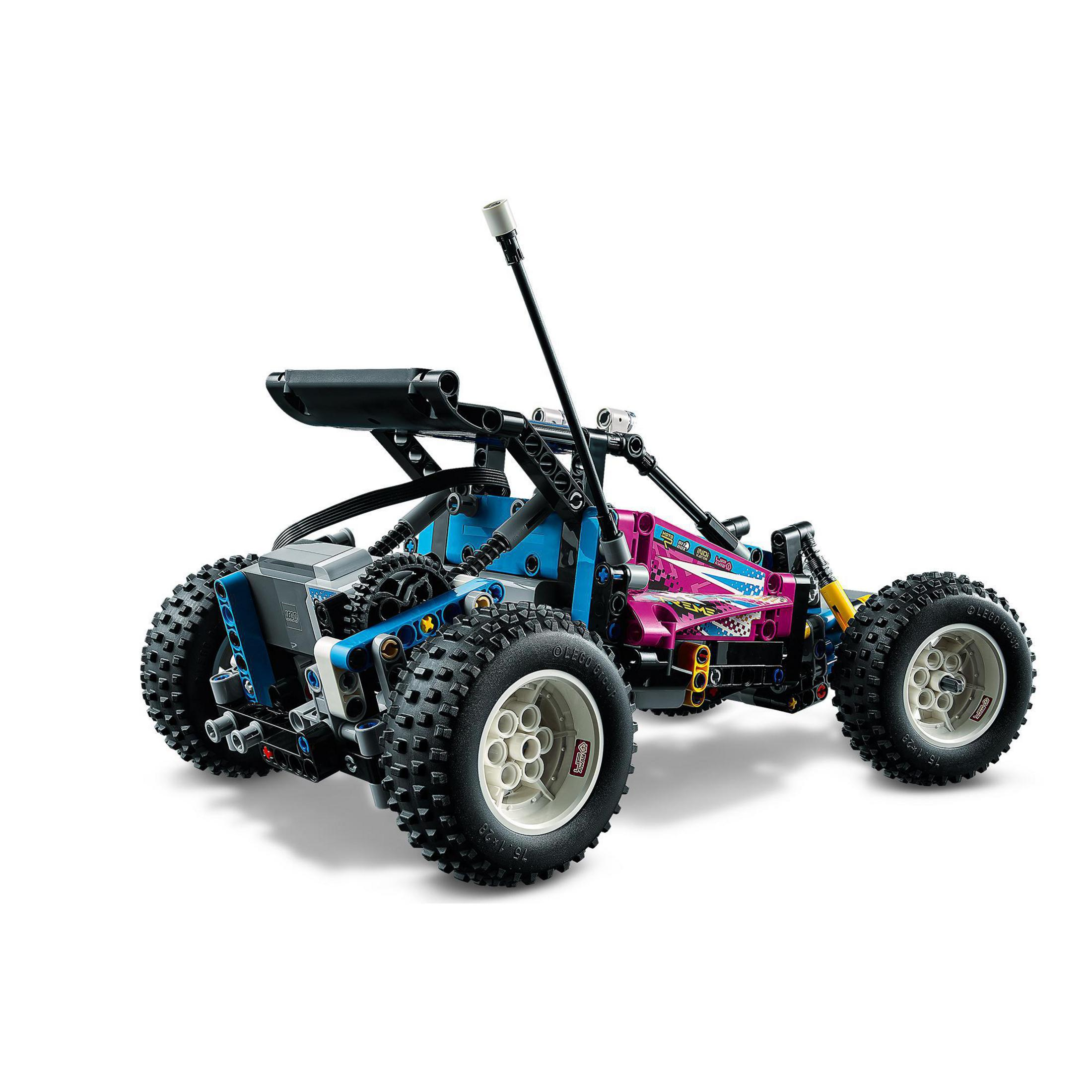Siyah tekerlekli mavi ve pembe Lego Technic buggy oyuncağı, beyaz arka plan.