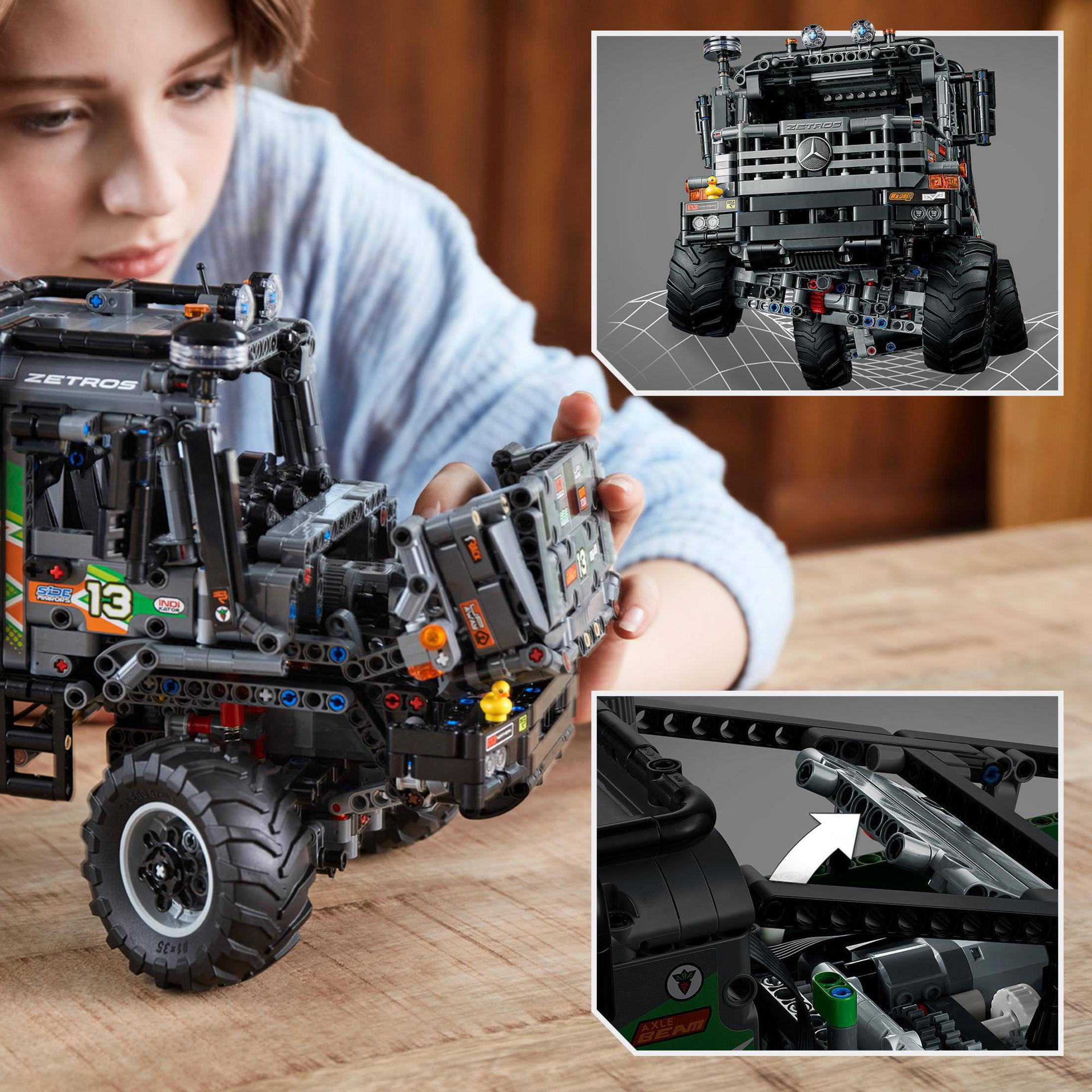 Ein Kind baut ein Lego Technic Truck-Modell zusammen. Nahaufnahmen des Trucks und Details werden gezeigt.
