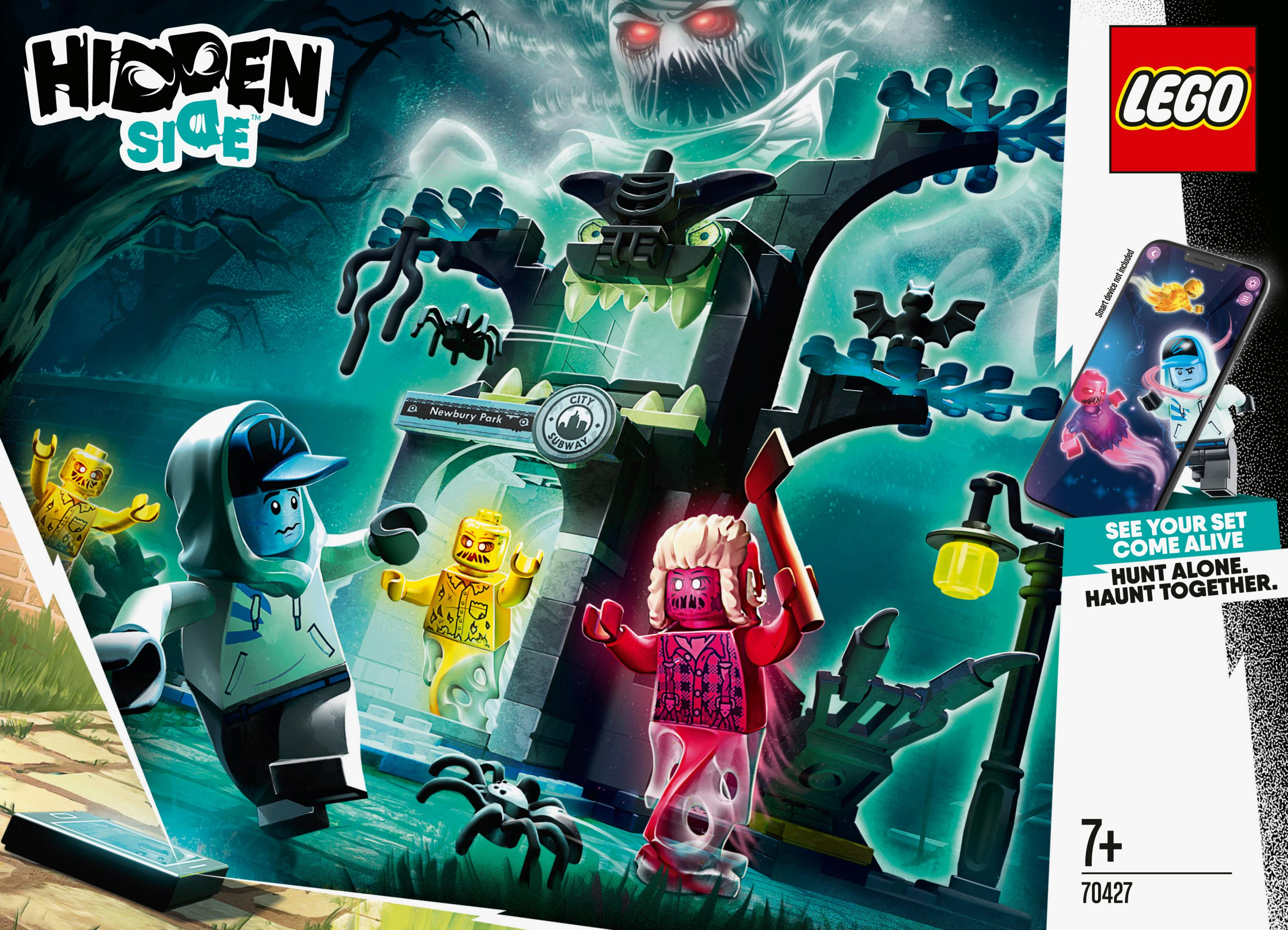 Pudełko Lego Hidden Side, z upiorną sceną, duchami i minifigurkami.