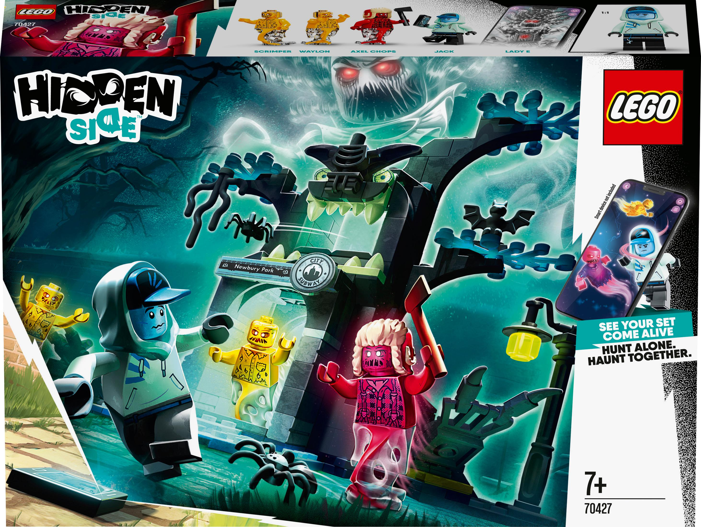 Pudełko LEGO Hidden Side przedstawiające nawiedzony dom z minifigurkami, upiorna scena.