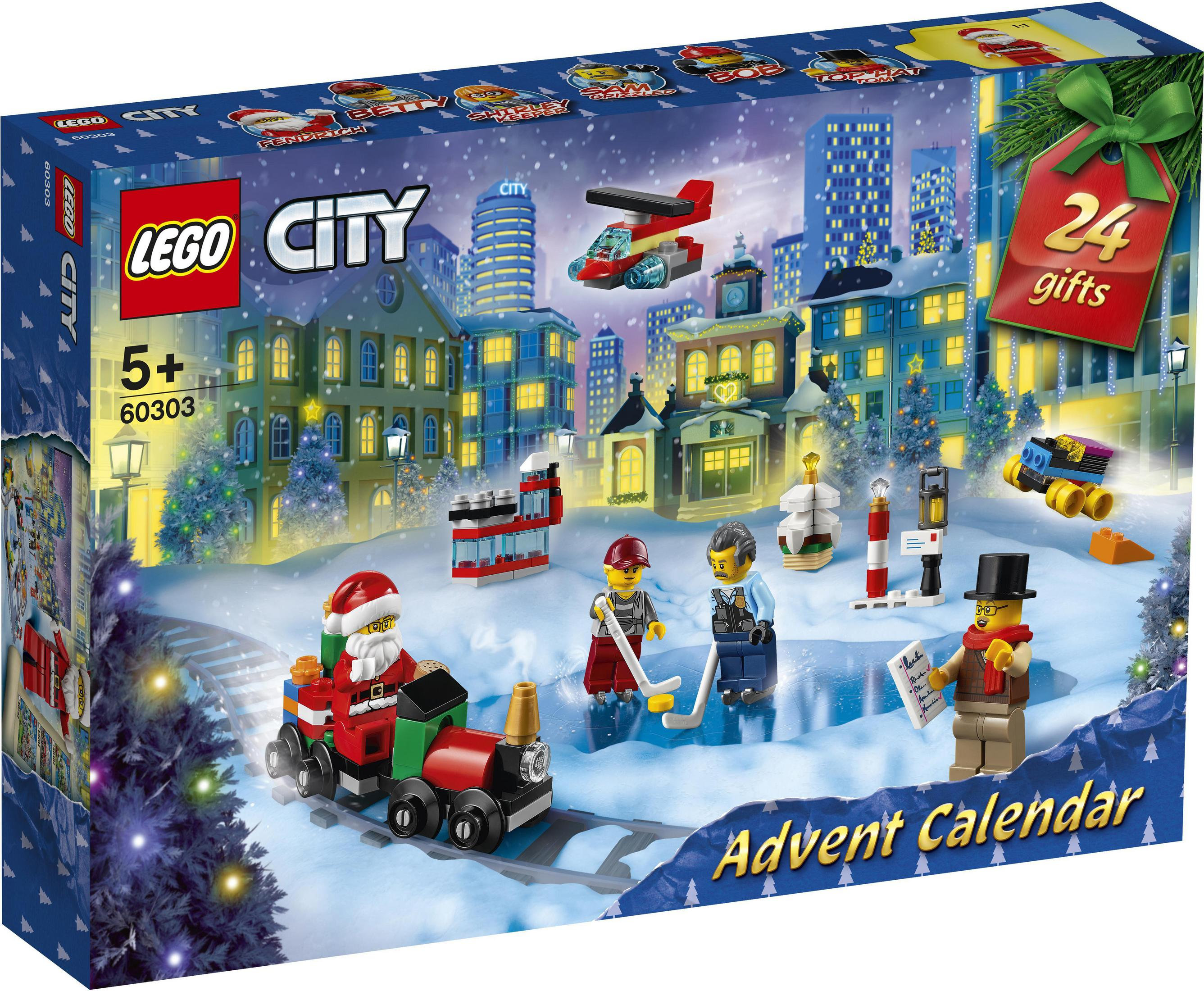 Eine Lego City Adventskalenderbox mit einer verschneiten Weihnachtsszene, Zug und Personen. 24 Geschenke werden beworben.