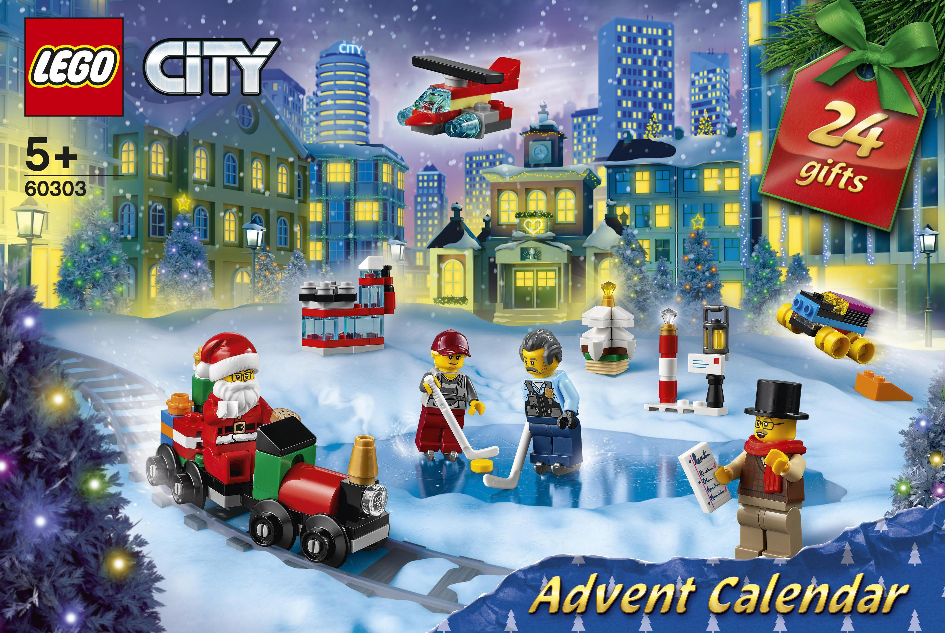 Lego City Adventskalender-Box mit Winterszene und Lego-Figuren, ein Weihnachtsthema.