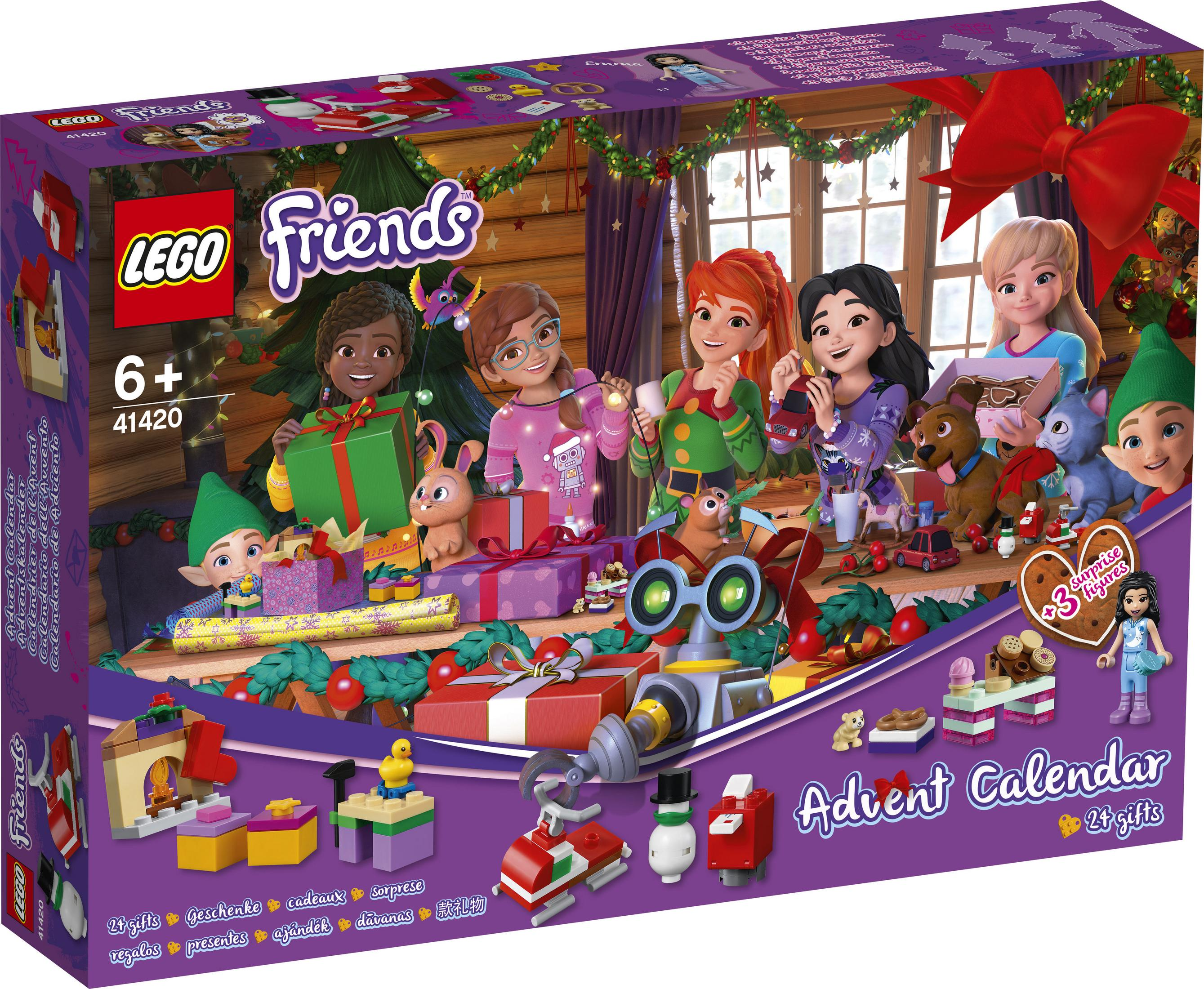 Eine Lego Friends Adventskalender-Box. Die Box zeigt mehrere Cartoon-Charaktere und Geschenke.