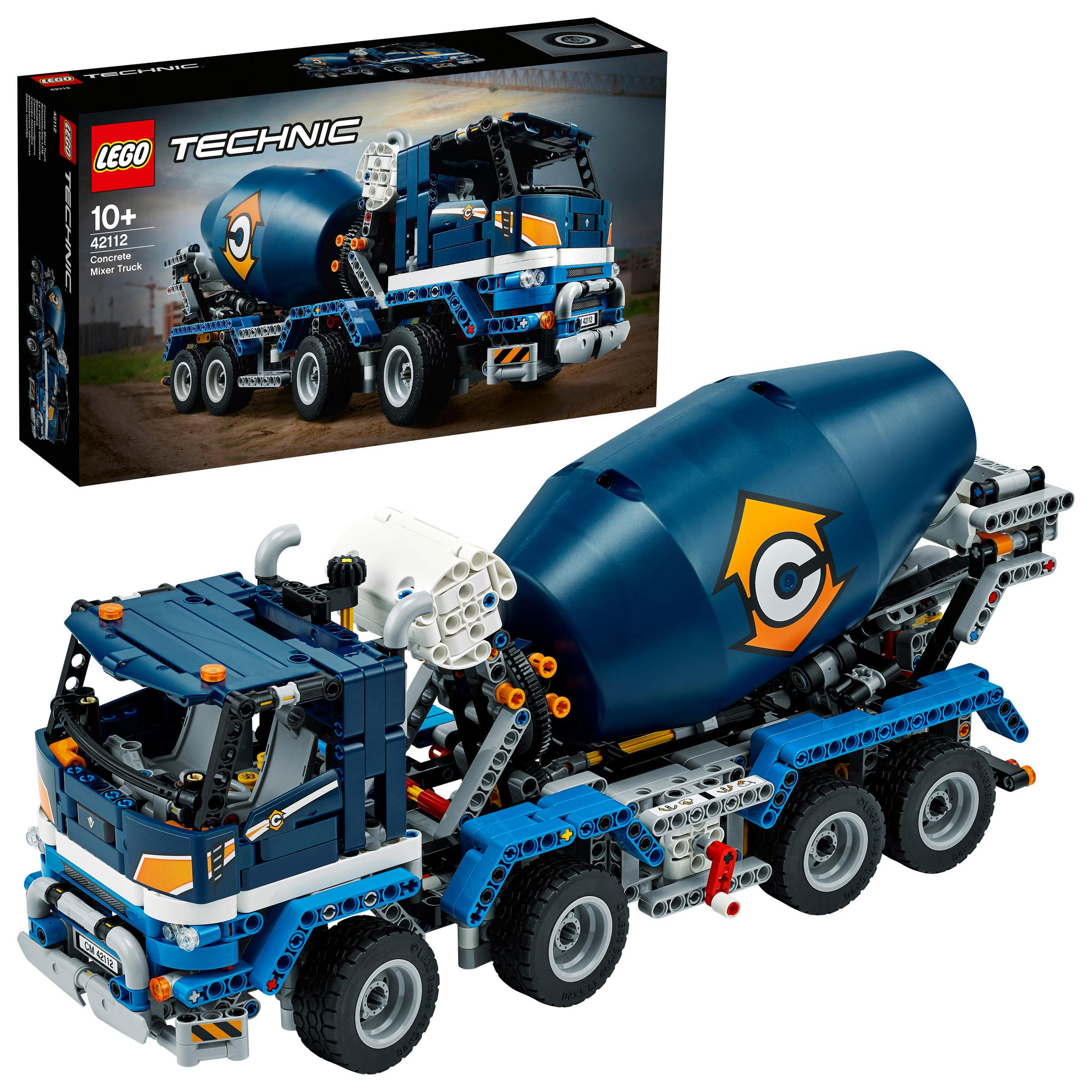 Un camion malaxeur de ciment Lego Technic bleu et sa boîte sont affichés, avec une vue détaillée du malaxeur.