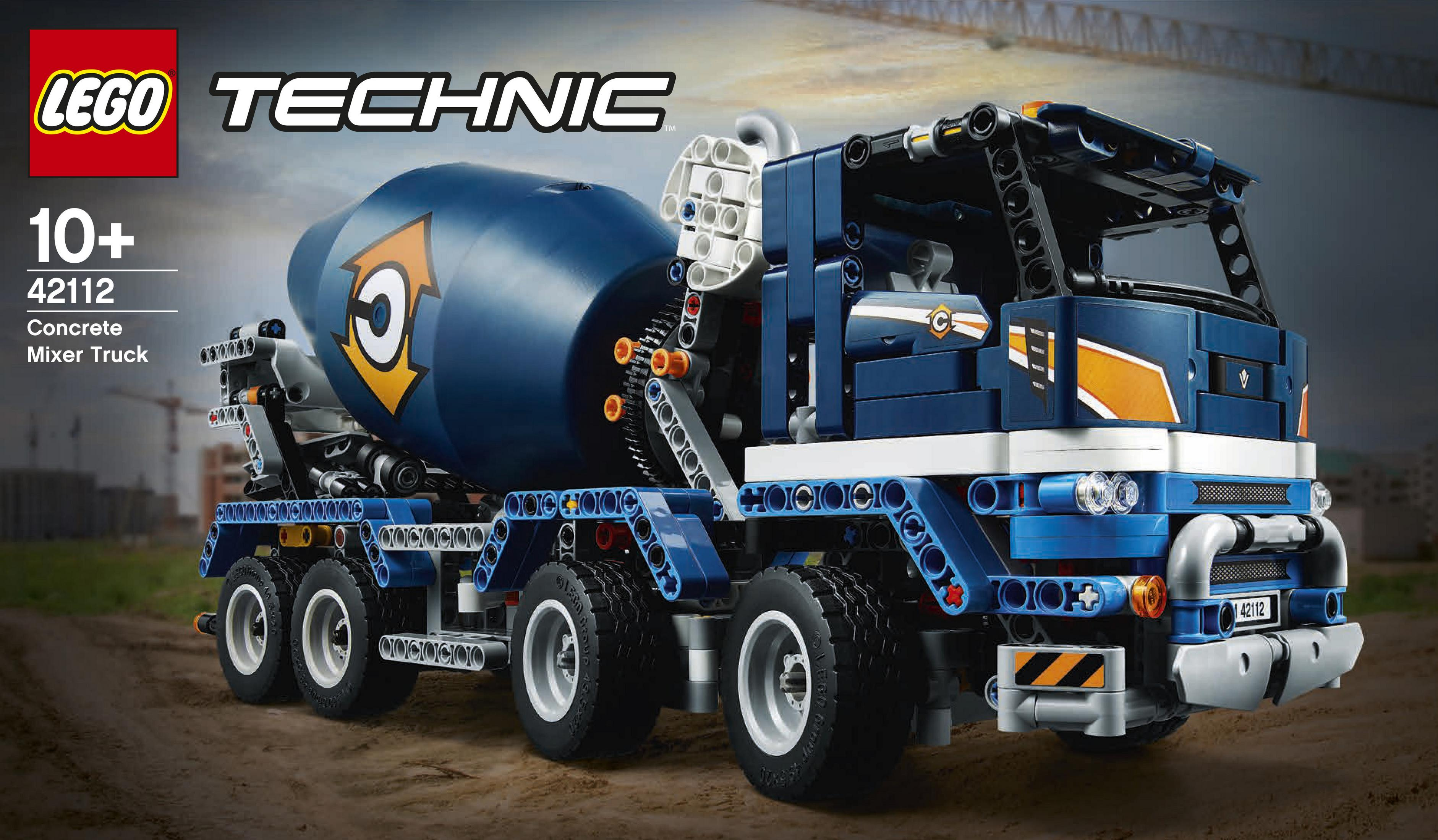 Modèle de camion malaxeur à béton Lego Technic, palette de couleurs bleu foncé et orange.