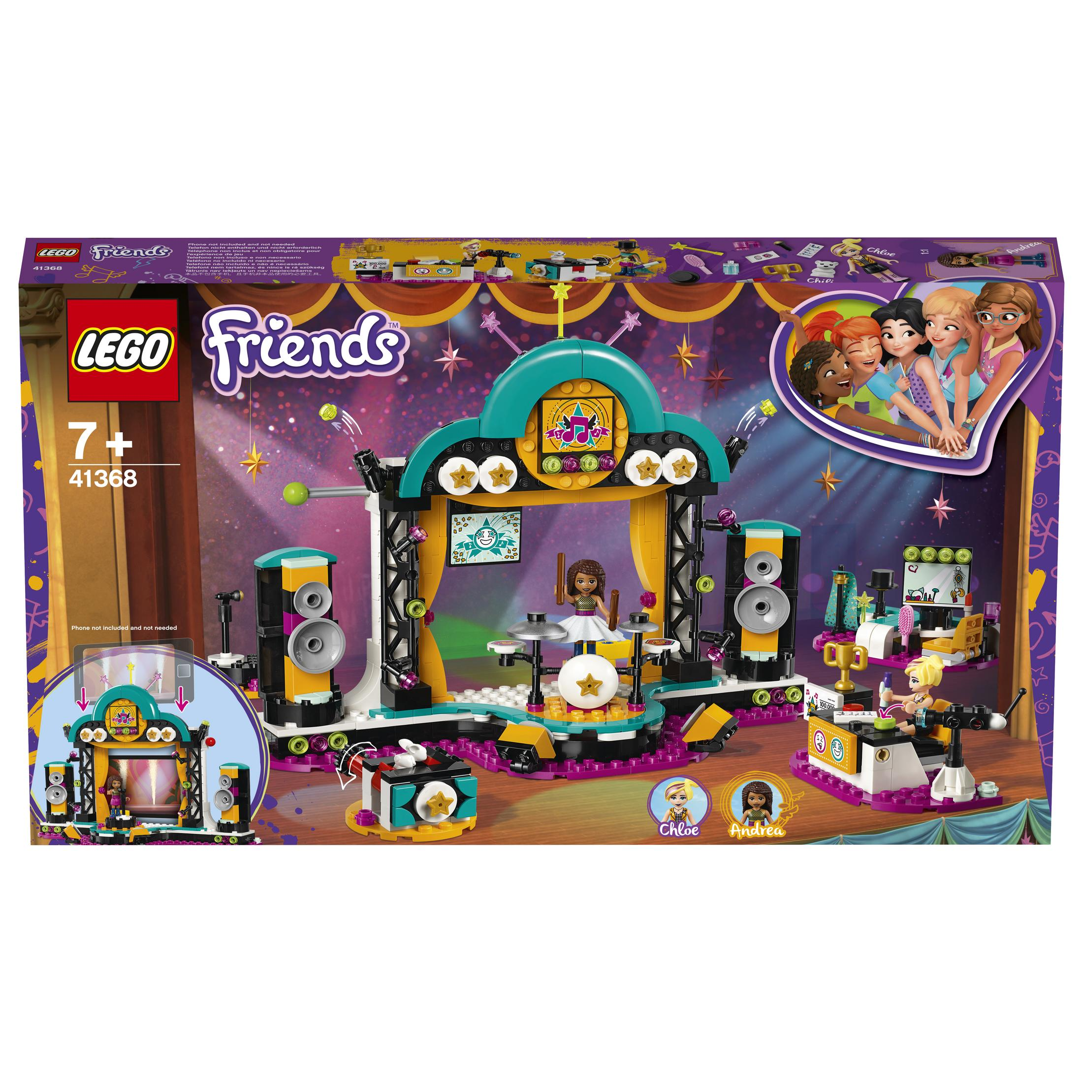 Zestaw Lego Friends ze sceną, figurkami i akcesoriami do koncertu muzycznego.