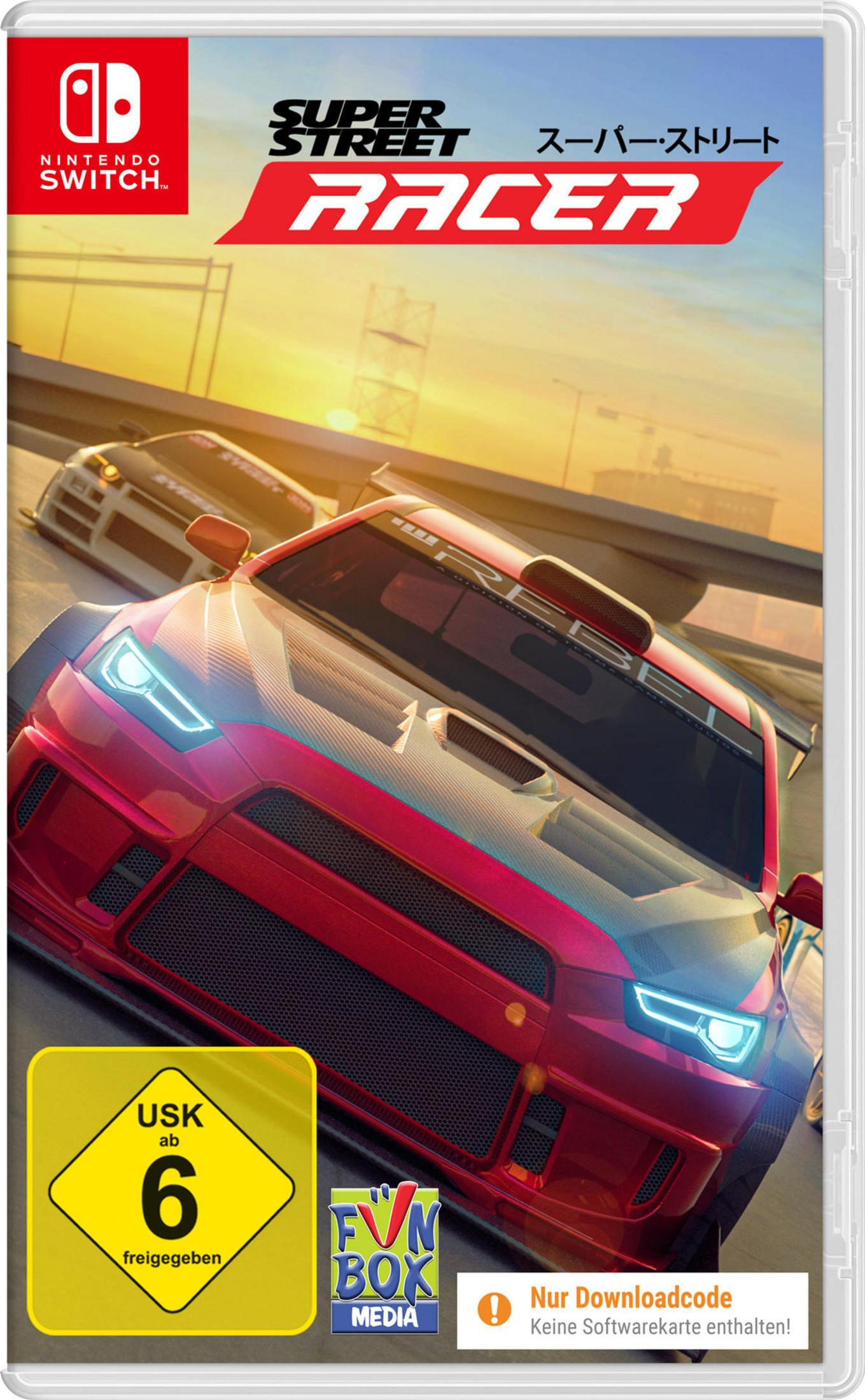 Pudełko z grą Super Street Racer z czerwonym samochodem. Tło przedstawia zachód słońca i samochód.