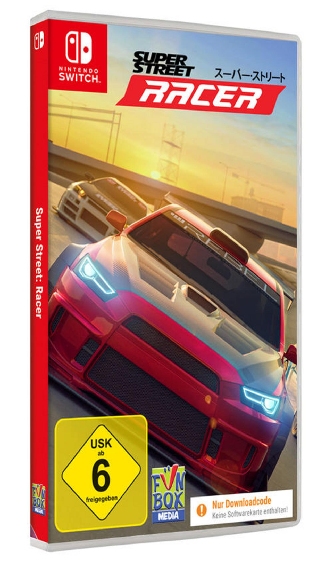 Pudełko gry Nintendo Switch 'Super Street Racer', przedstawiające dwa samochody ścigające się na torze o zachodzie słońca.