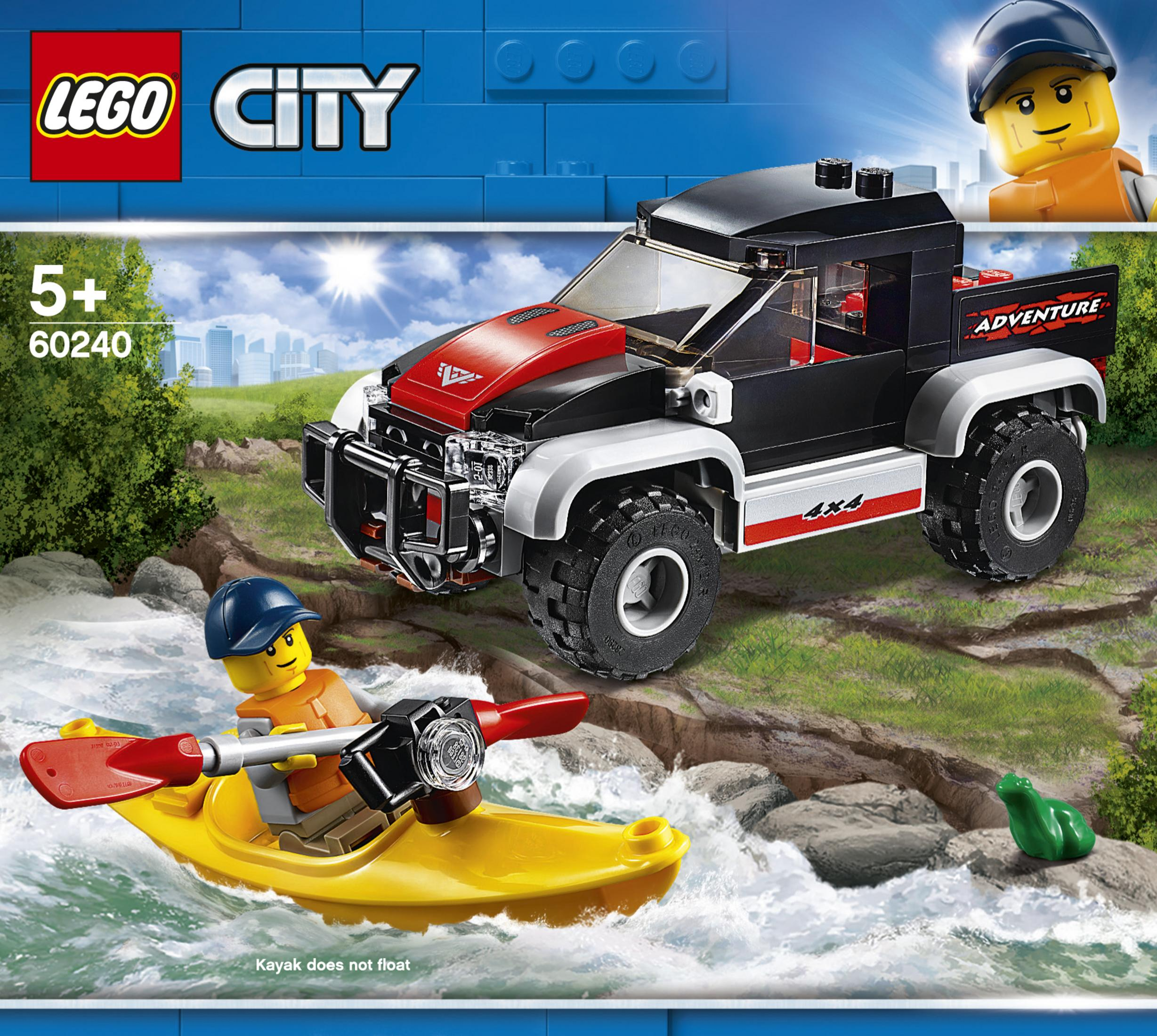 Lego City Set-Box. Ein schwarzer 4x4-Truck und ein Mann in einem Kajak auf dem Wasser. Eine Lego-Figur ist sichtbar.