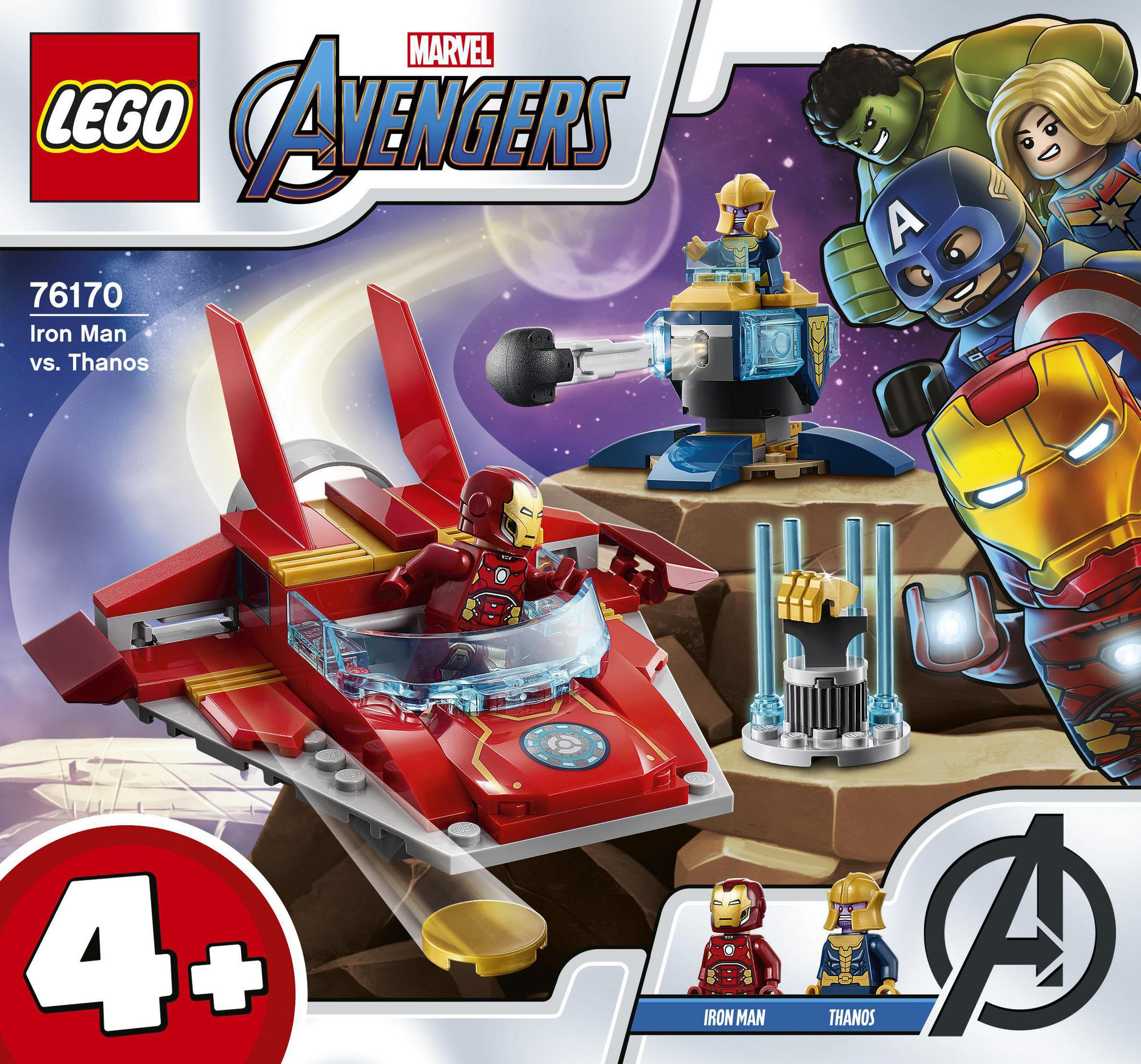 LEGO Marvel Avengers Set: Iron Man gegen Thanos, mit Iron Mans Jet und Minifiguren.