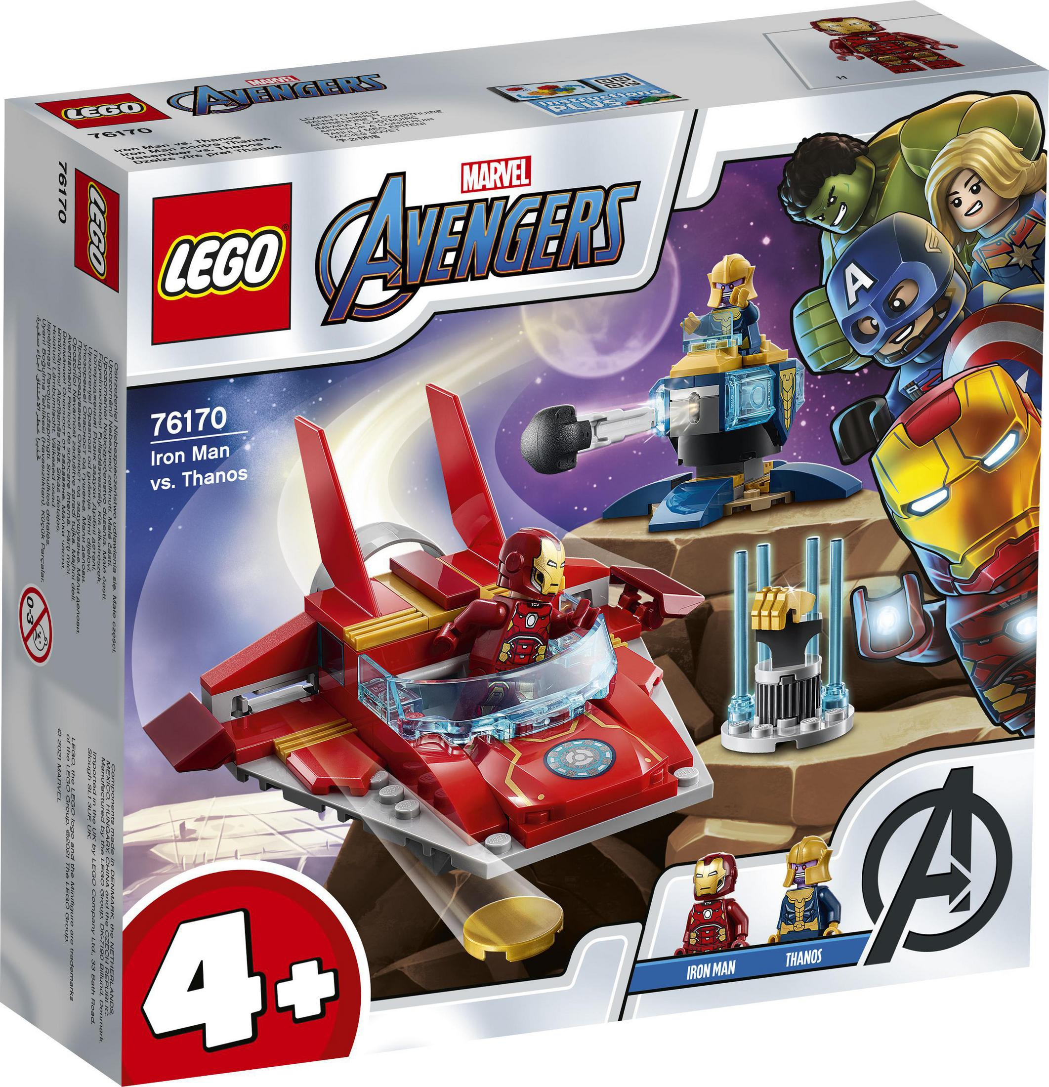 Lego Marvel Avengers Set mit Iron Man, Thanos und einem roten Jet.
