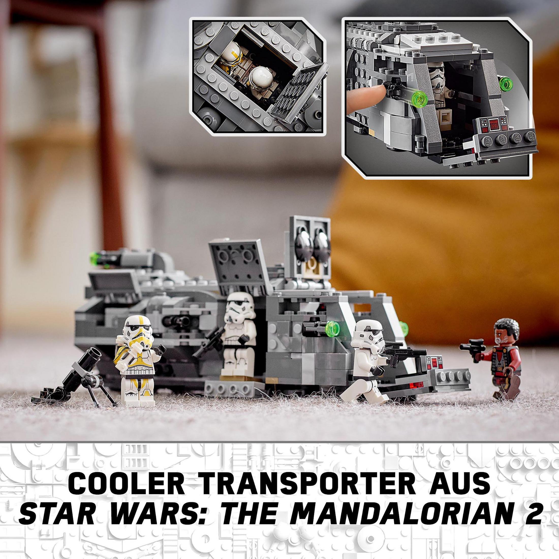 Zestaw LEGO Star Wars z figurkami i pojazdem transportowym na dywanie.