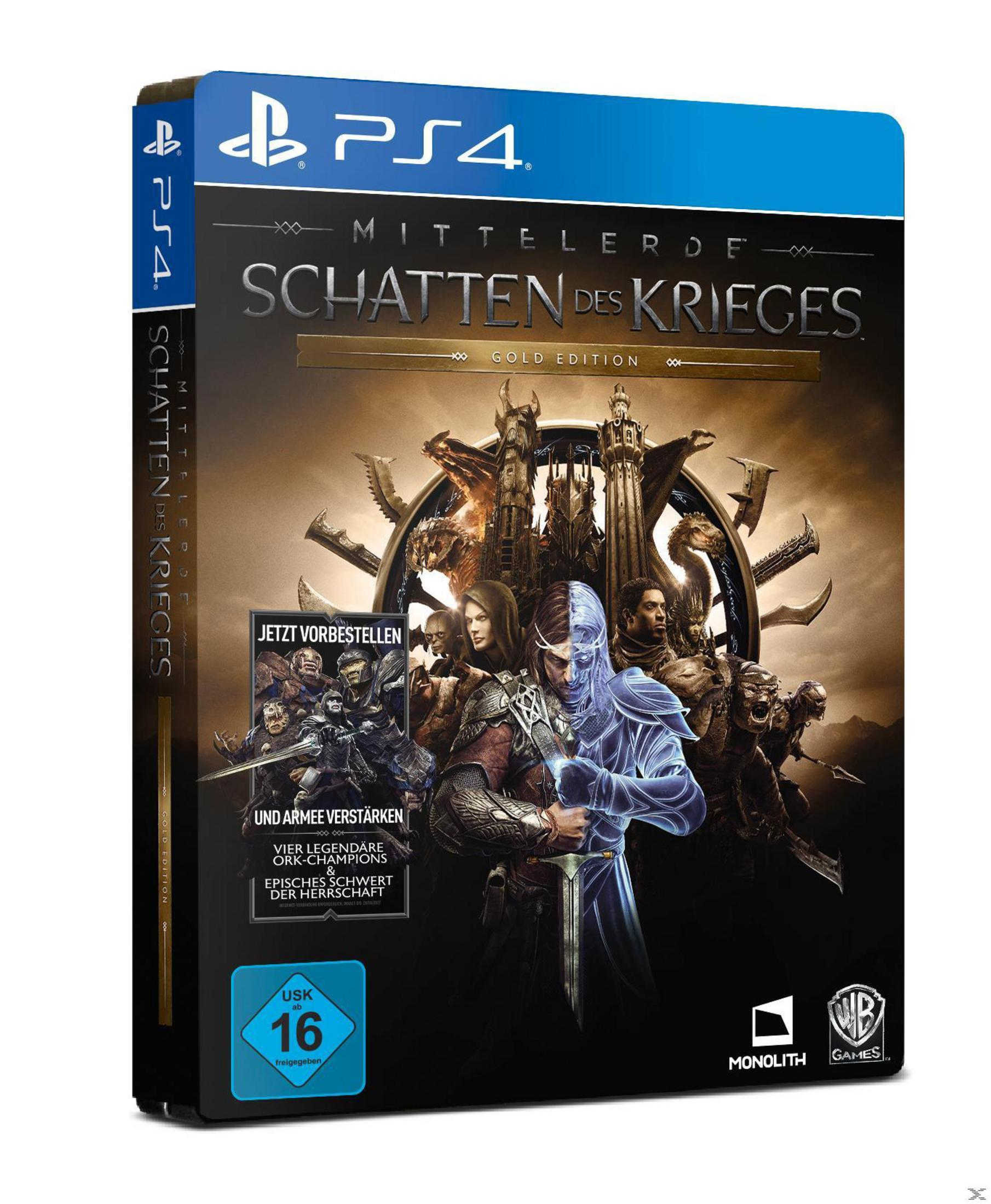 PS4-Videospielbox von "Mittelerde: Schatten des Krieges" mit Charakteren und Spieldetails.