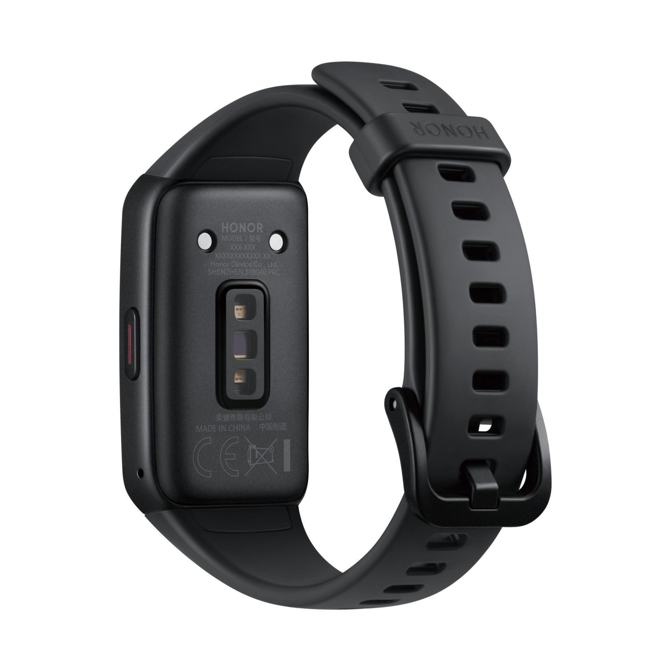 Uno smartwatch Honor nero. Il retro dell'orologio è visibile, mostrando sensori e marchio.
