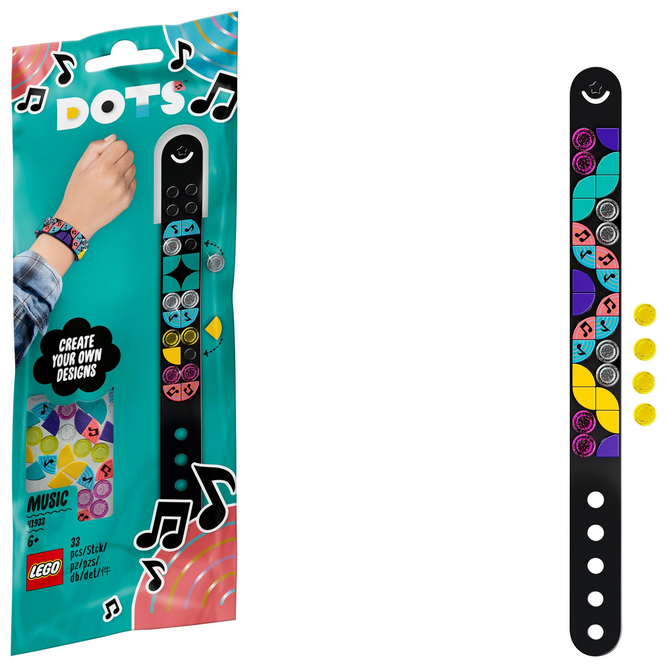 Zestaw bransoletki LEGO Dots. Zawiera czarną bransoletkę, kolorowe płytki i opakowanie z modelem. Motyw muzyczny.