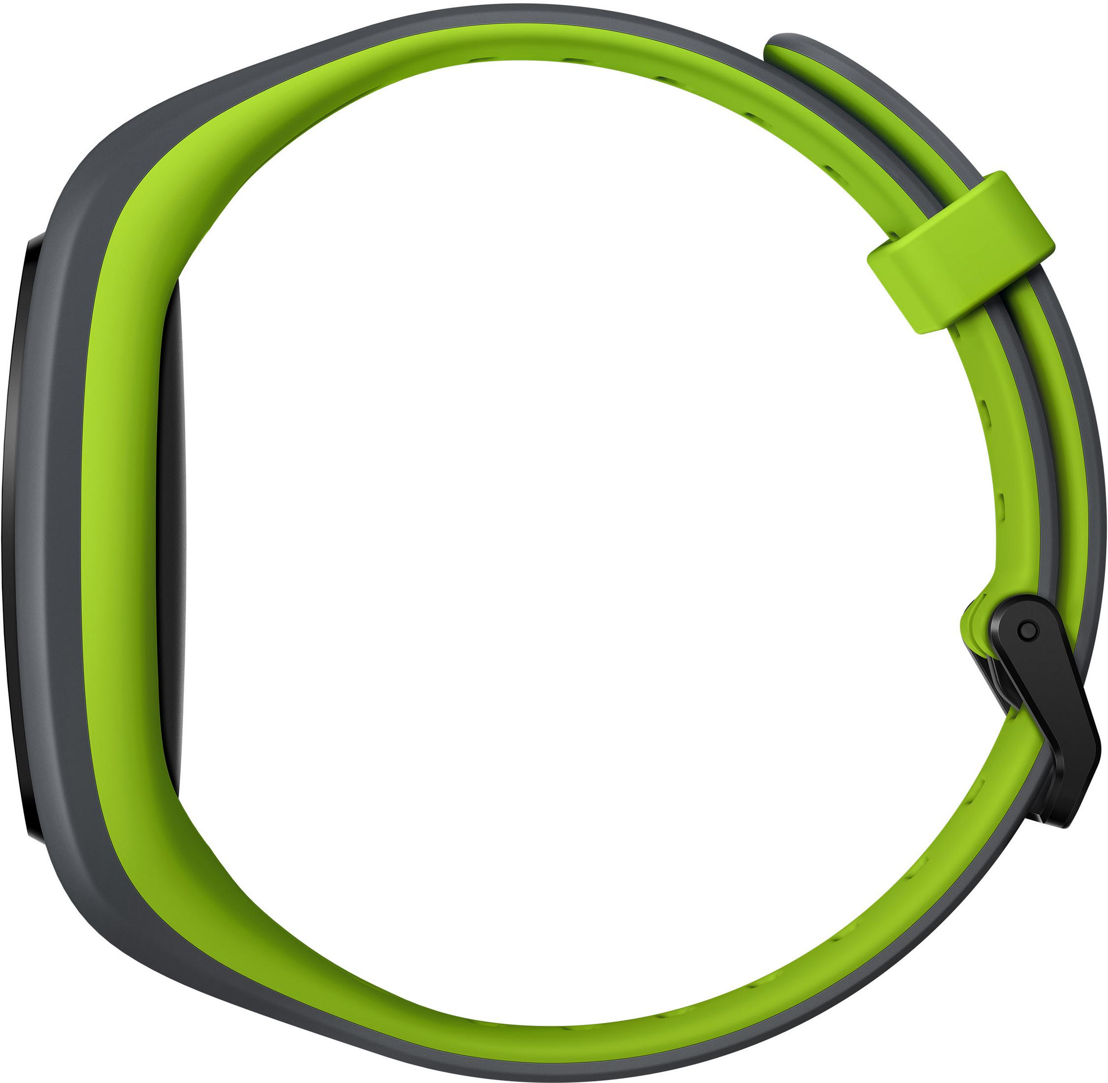 Uno smartwatch con cinturino grigio e verde.