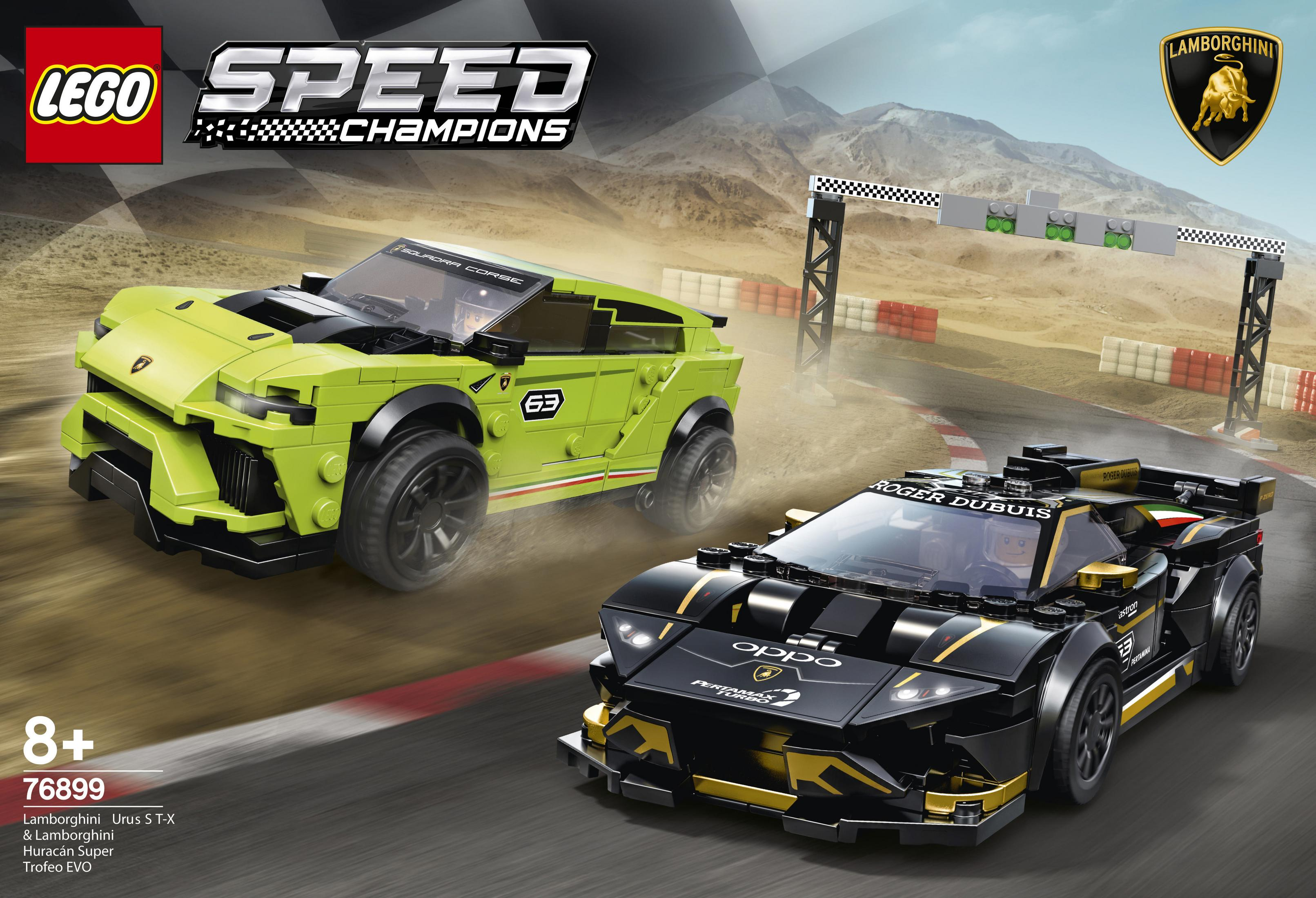 Lego Speed Champions: Two toy cars on a race track. One is green, the other is black and gold.