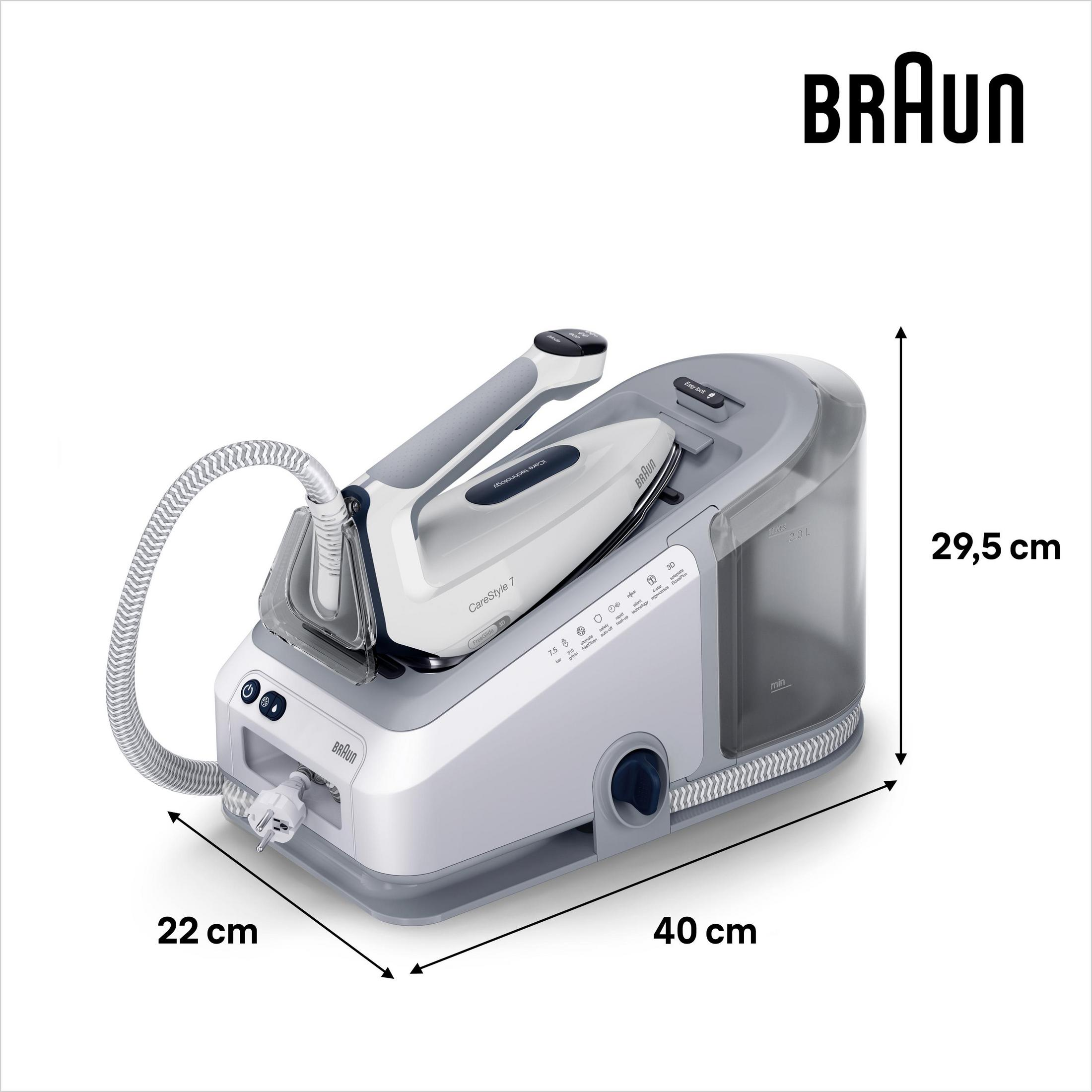 Een wit en grijs Braun CareStyle 7 strijkijzer met afmetingen. Heeft een afneembaar strijkijzer.