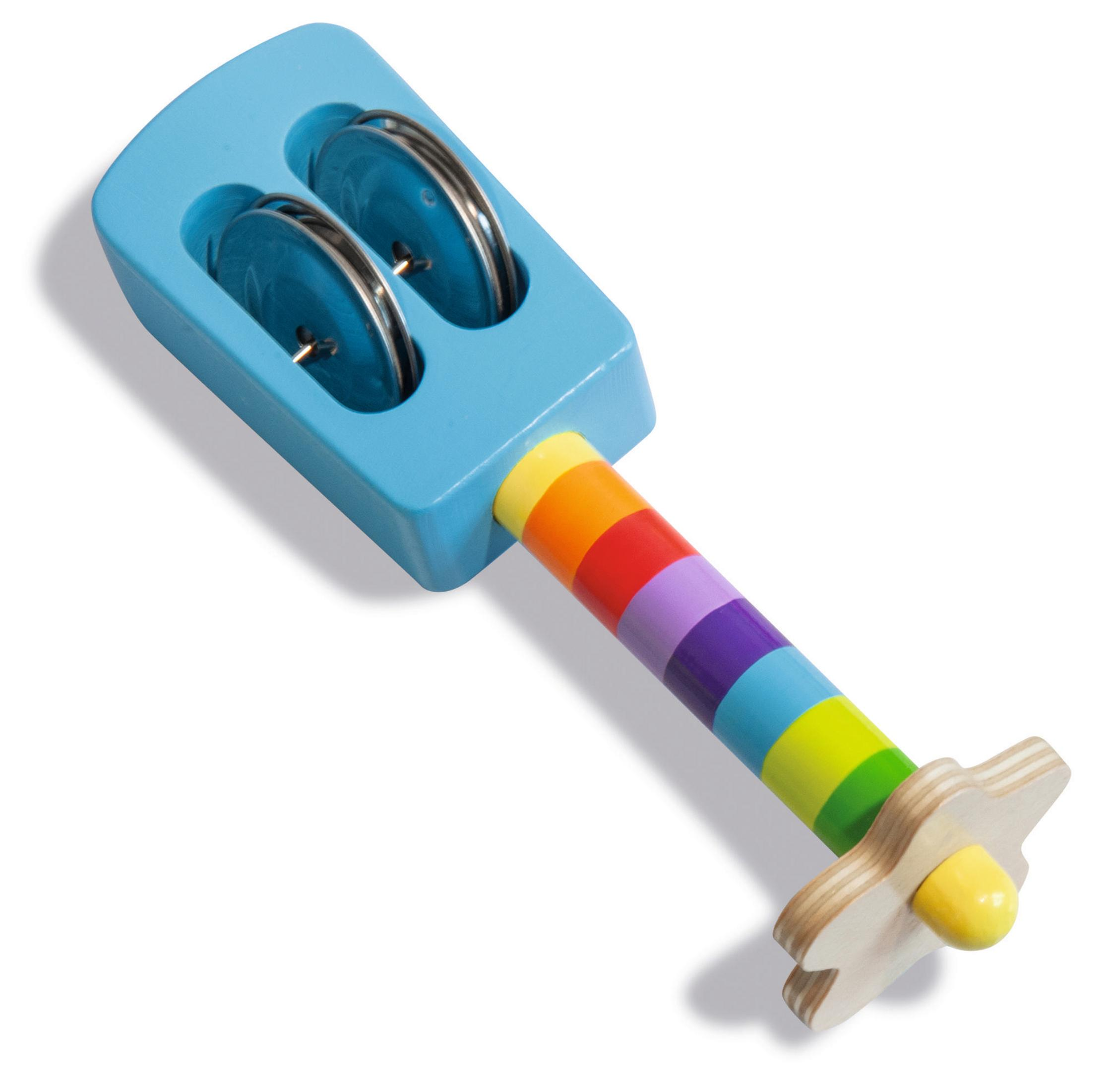 Blaues Holz-Tamburin mit Regenbogen-Griff. Zwei silberne Scheiben sind sichtbar.
