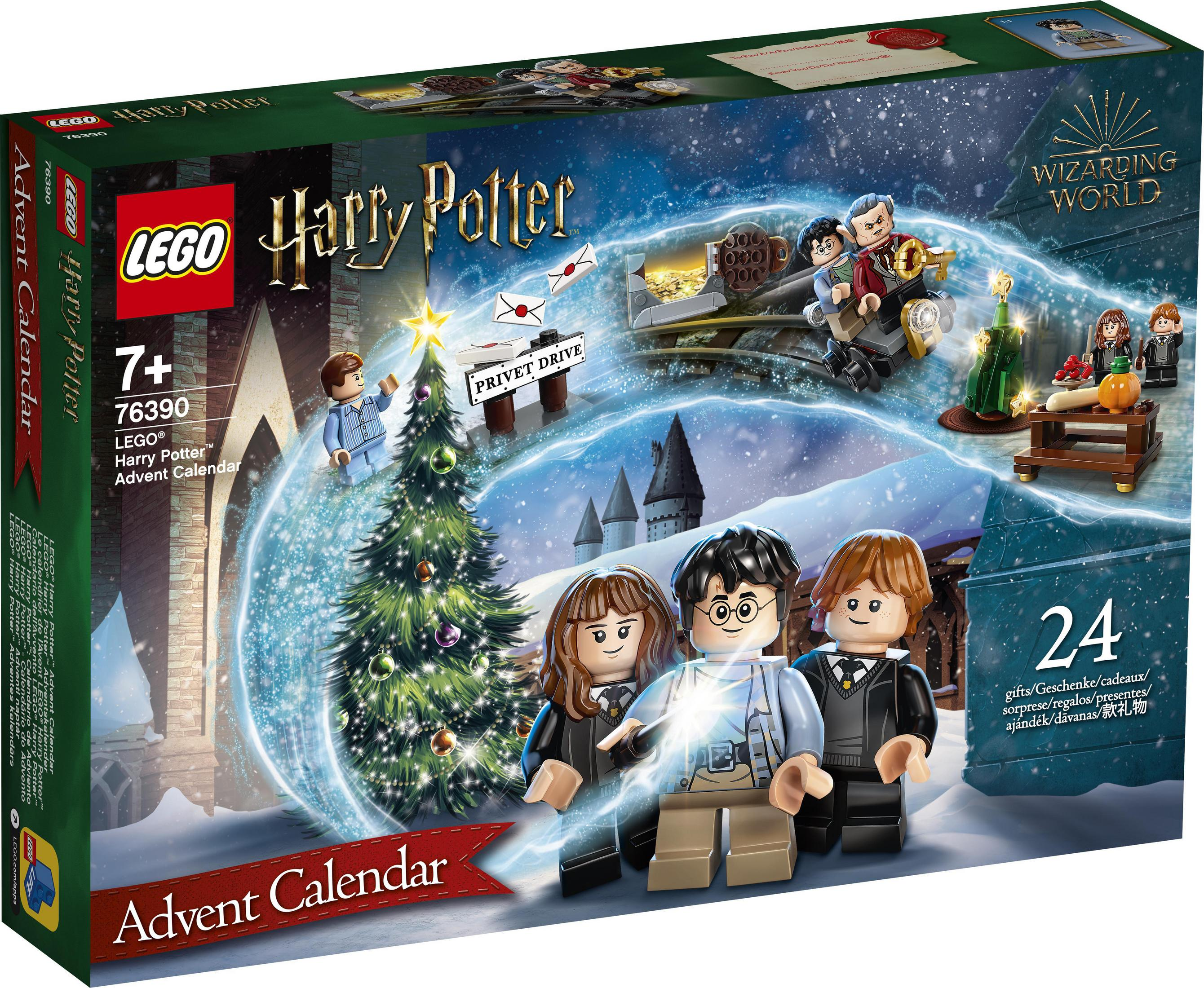Lego Harry Potter Adventskalenderbox. Enthält Harry, Ron, Hermine und andere Lego-Figuren mit einem Weihnachtsbaum.