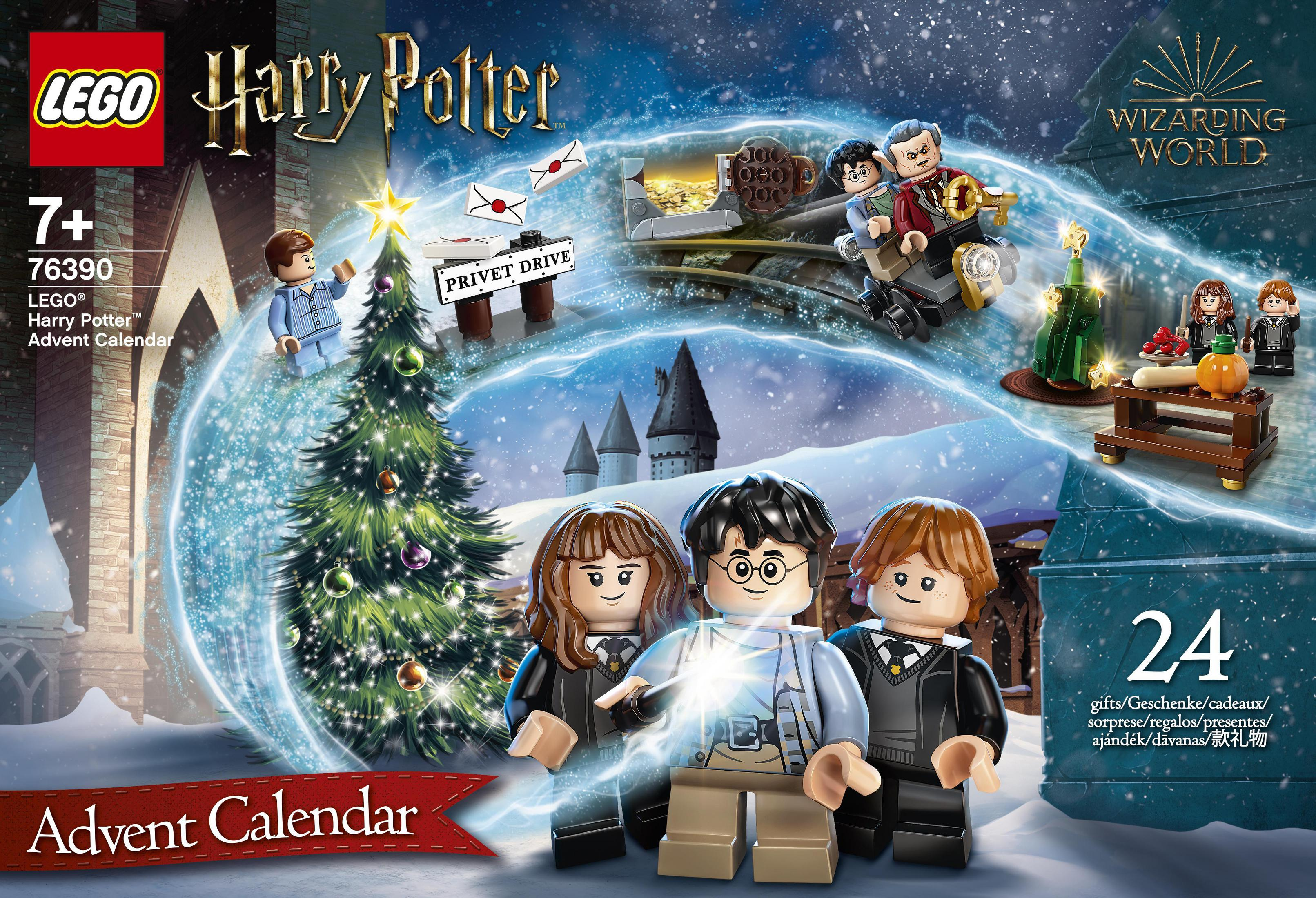 Ein Lego Harry Potter Adventskalender-Box mit verschiedenen Lego-Figuren in einer Winterszene.