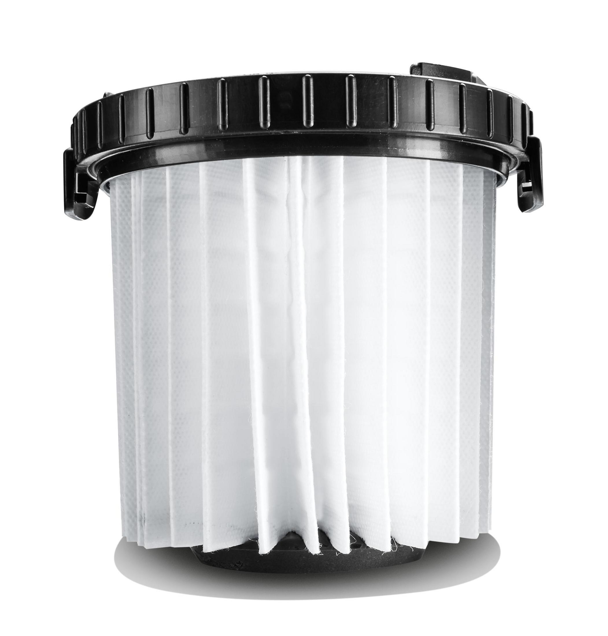 Biały filtr plisowany w czarnym pojemniku, odizolowany na białym tle.