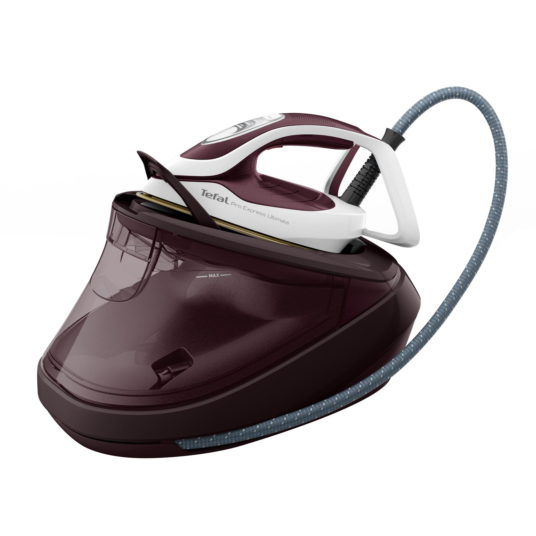 Żelazko Tefal Pro Express Ultimate. Schemat kolorów bordowy i biały, z szarym wężem przymocowanym do zbiornika na wodę.